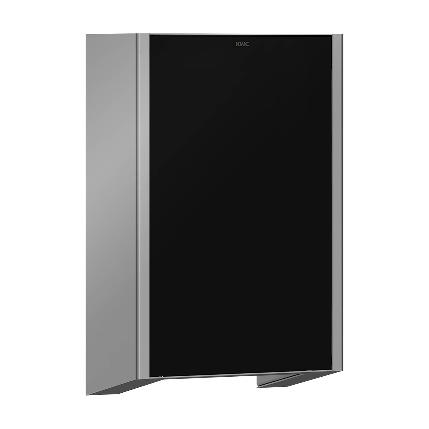 Ein schlankes, modernes Gerät in Schwarz und Silber, das an der Wand montiert ist, höchstwahrscheinlich ein elektronisches Gerät, mit minimalistischem Design vor einem dunklen Hintergrund.