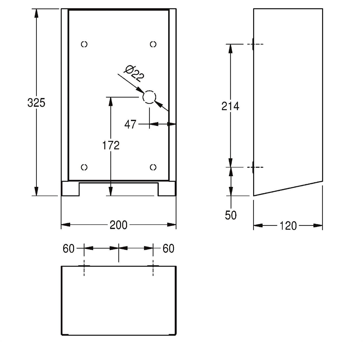 Technische Zeichnung eines rechteckigen Panels mit den Abmessungen 325 hoch, 200 breit, 120 tief, und ein Ø22-Loch, das sich 172 von unten und 47 von der rechten Kante entfernt befindet.