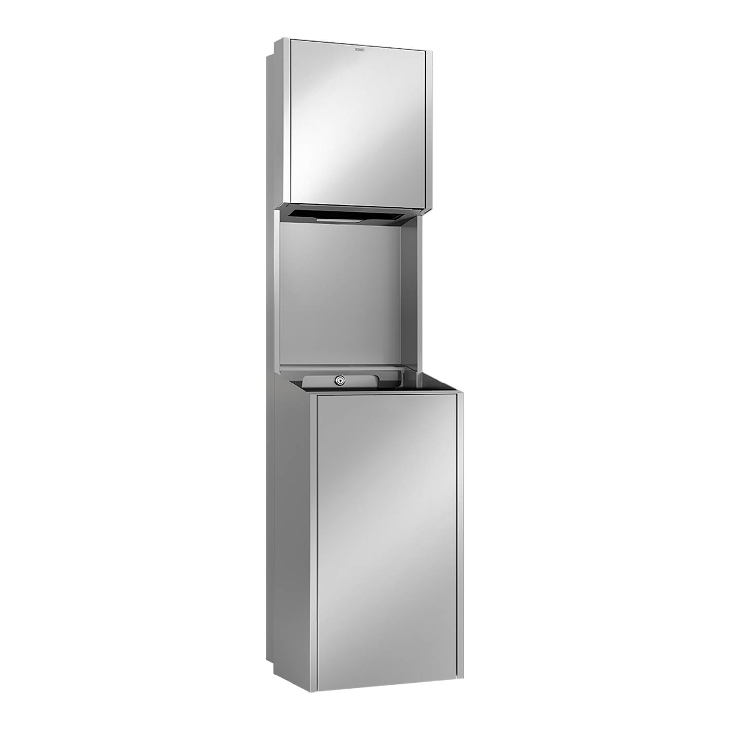 Trinkbrunnen aus Edelstahl mit rechteckigem Design und wandmontiertem Schrank, ausgestattet mit einem kleinen Becken und Wasserhahn mit Drucktaste.