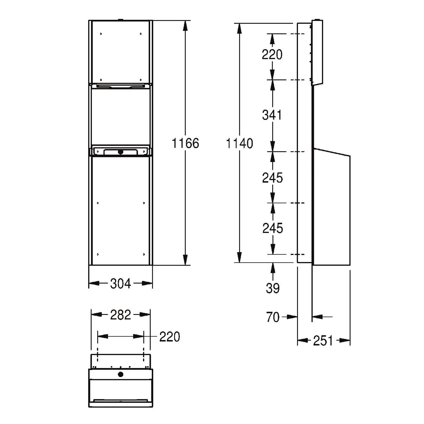 Technische Maßstabzeichnung einer wandmontierten rechteckigen Einheit, die Vorder-, Seiten- und Draufsichten mit Abmessungen zeigt, einschließlich 1166 mm Höhe, 304 mm Breite und 251 mm Tiefe.