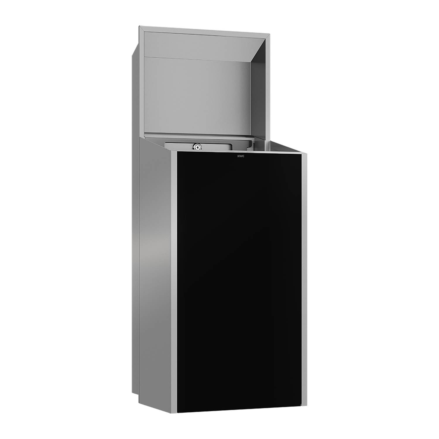 Ein schlankes, modernes Küchengerät mit metallischer Oberfläche, ausgestattet mit einer schwarzen Tür und minimalistischem Design, vor einem schwarzen Hintergrund.