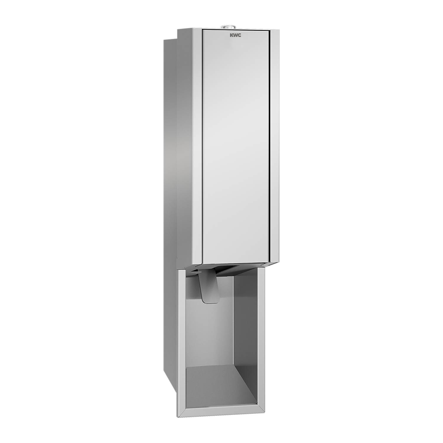 Ein schlanker, wandmontierter silberner Papiertuchenspender mit einem Ausgabeschlitz zum Herausziehen, vor einem schwarzen Hintergrund.