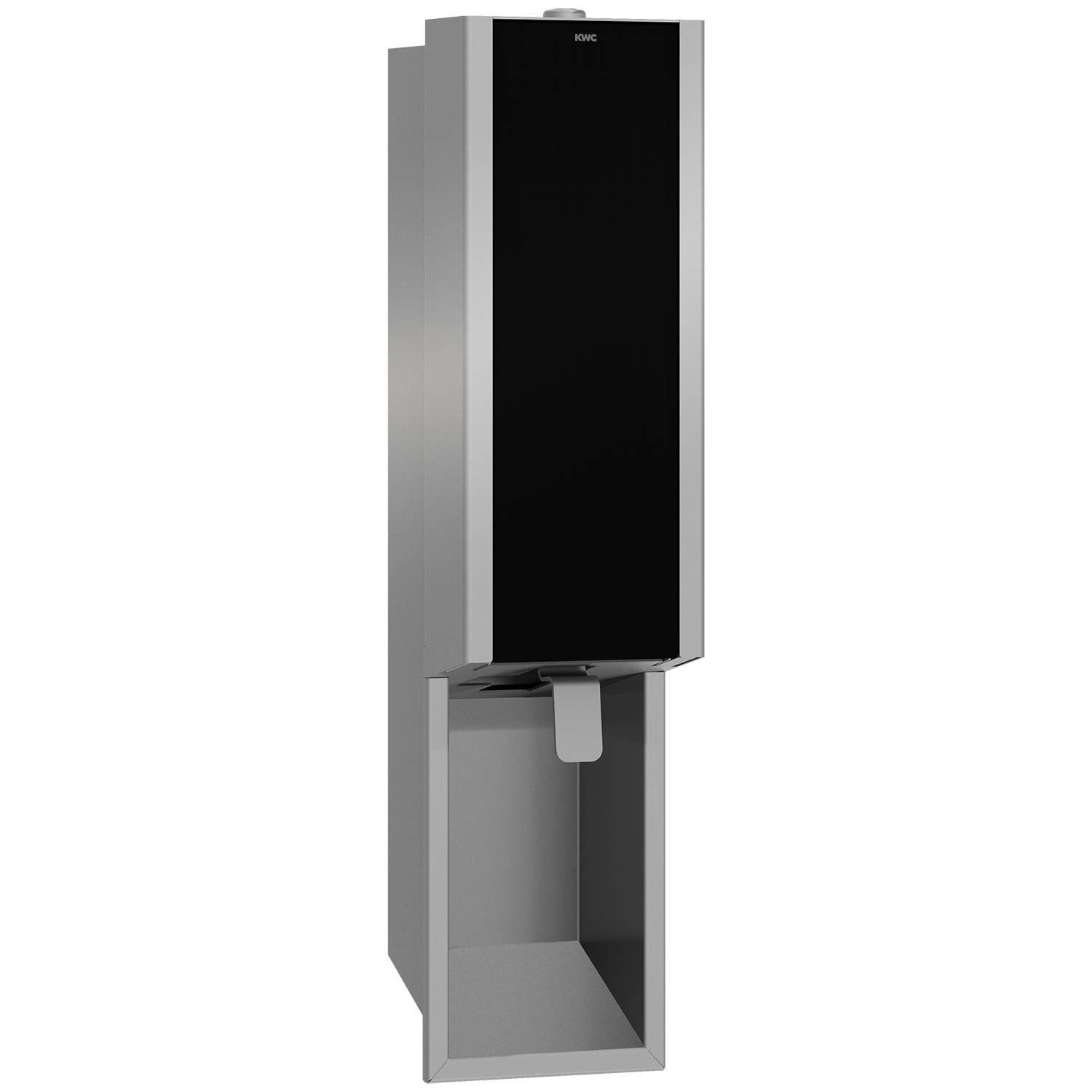 Ein schlanker, moderner Metalldispenser mit einer schwarzen Frontplatte, geeignet zum Halten und Ausgeben von Papierhandtüchern oder ähnlichen Gegenständen.