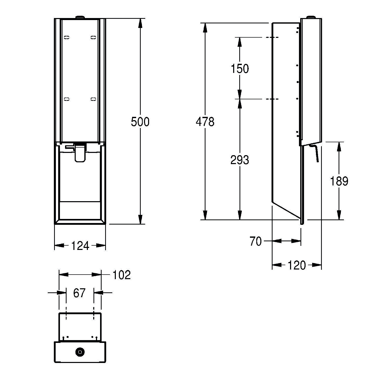 Technische Zeichnung einer Wandmontageeinheit mit Maßangaben in Millimetern: Höhe 500 mm, Tiefe 120 mm, Breite 102 mm, mit zusätzlichen Seiten- und Frontansichten.