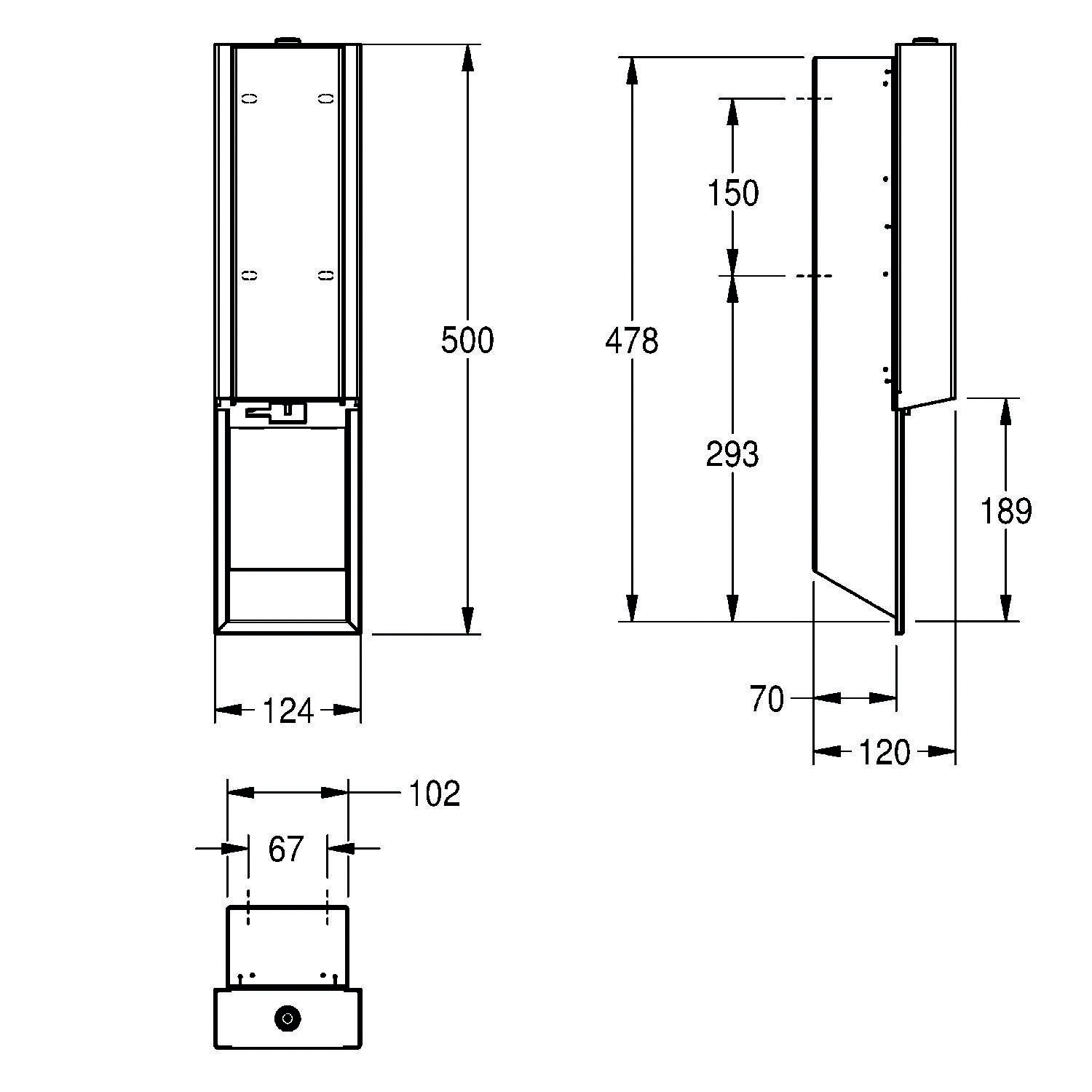 Technische Zeichnung eines rechteckigen Geräts mit Maßen: Höhe 500 mm, Breite 124 mm, Tiefe 102 mm; Seitenansicht Höhe 478 mm, Draufsicht Breite 67 mm.