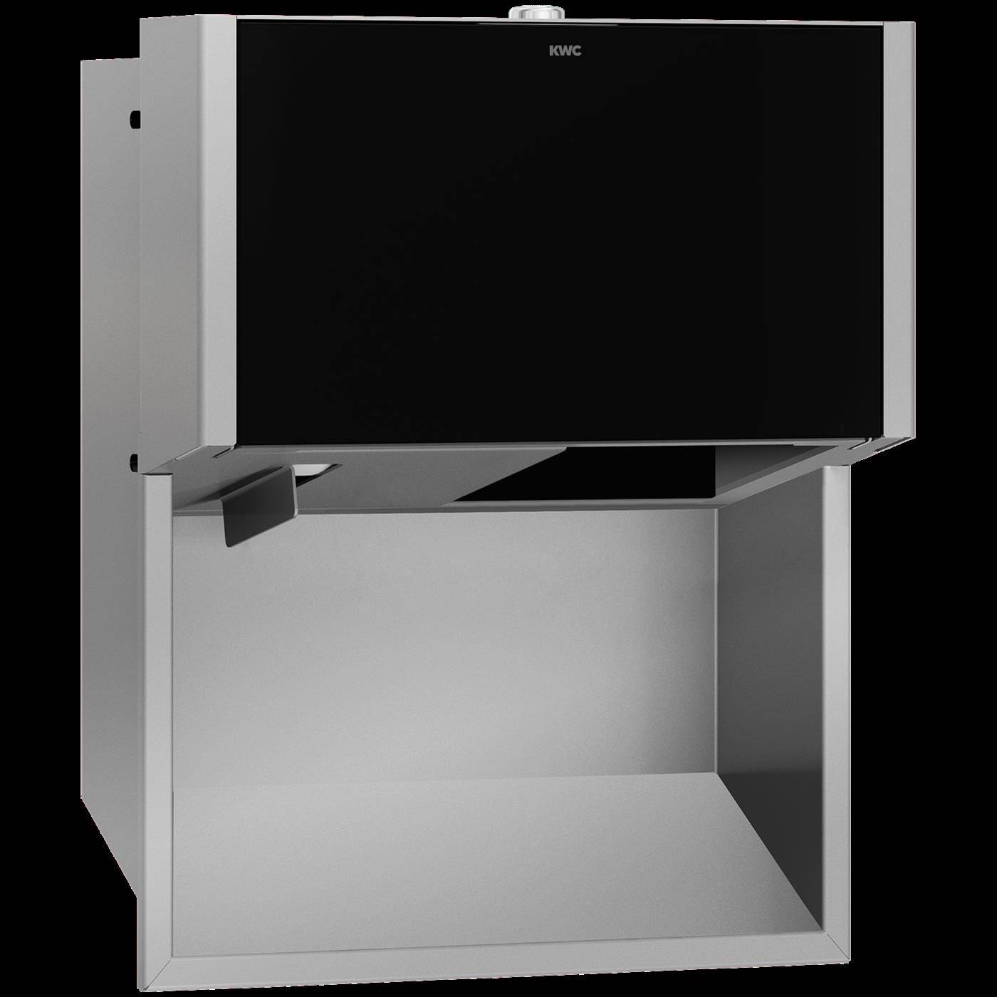 Wandmontierter KWC-Edelstahlspender mit schwarzem Frontpanel und offener Unterschublade