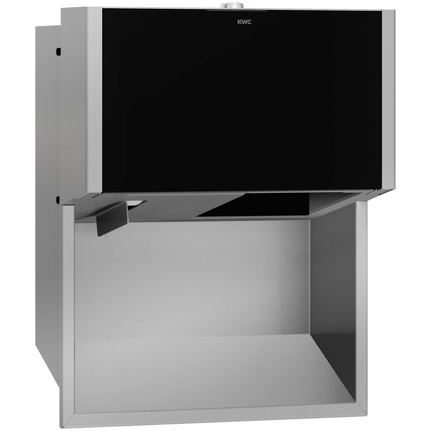 Edelstahl-Händetrockner mit einer schwarzen Platte oben, ausgestattet mit einer wandmontierenden Konstruktion und einer eleganten, modernen Optik.