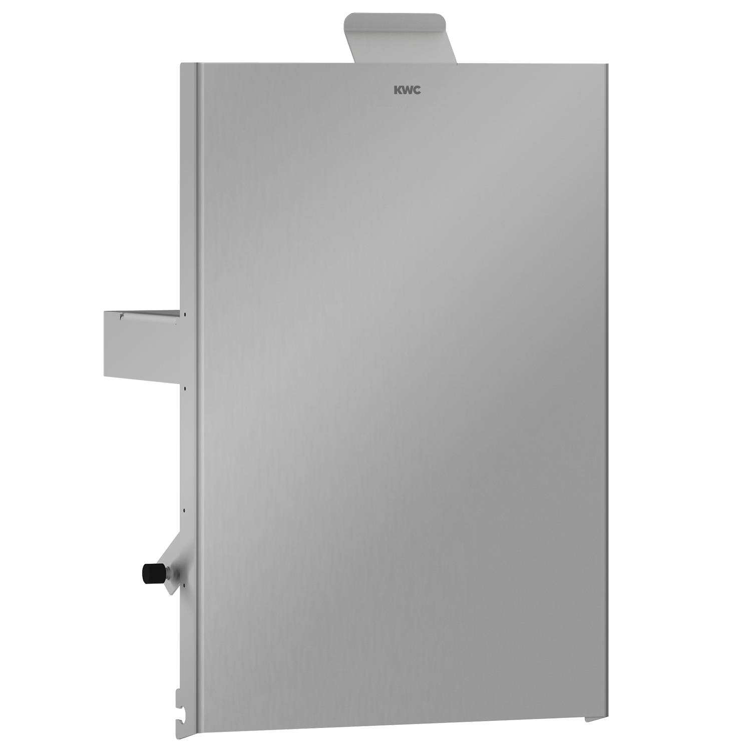Ein schlanker, silberner, wandmontierter KWC-Desinfektionsspender mit einem Auszieh-Hebel vor einem schwarzen Hintergrund, designed für hygienische Händedesinfektion.