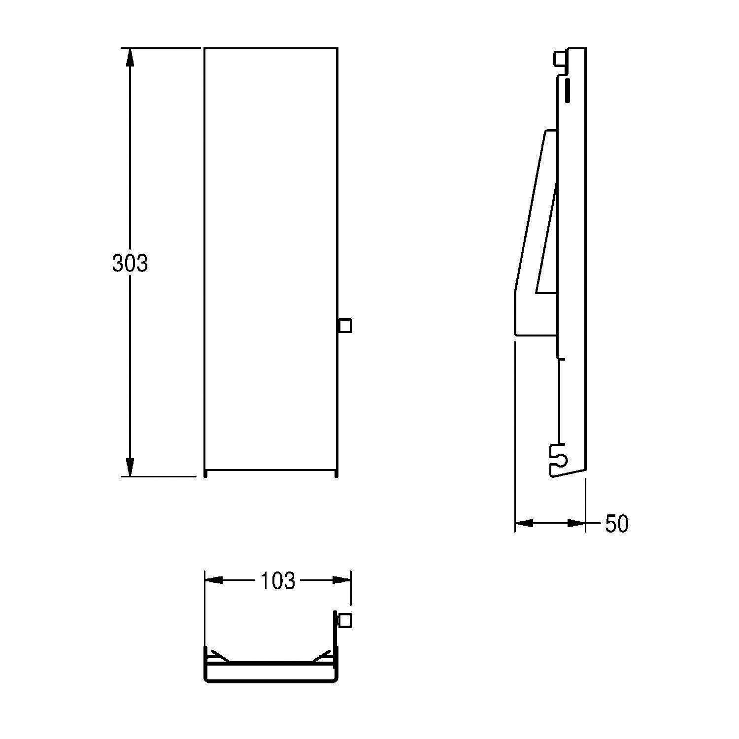 Technische Zeichnung einer Halterung mit Abmessungen: Höhe 303 mm, Tiefe 50 mm und Breite 103 mm. Seiten- und Frontansicht dargestellt.