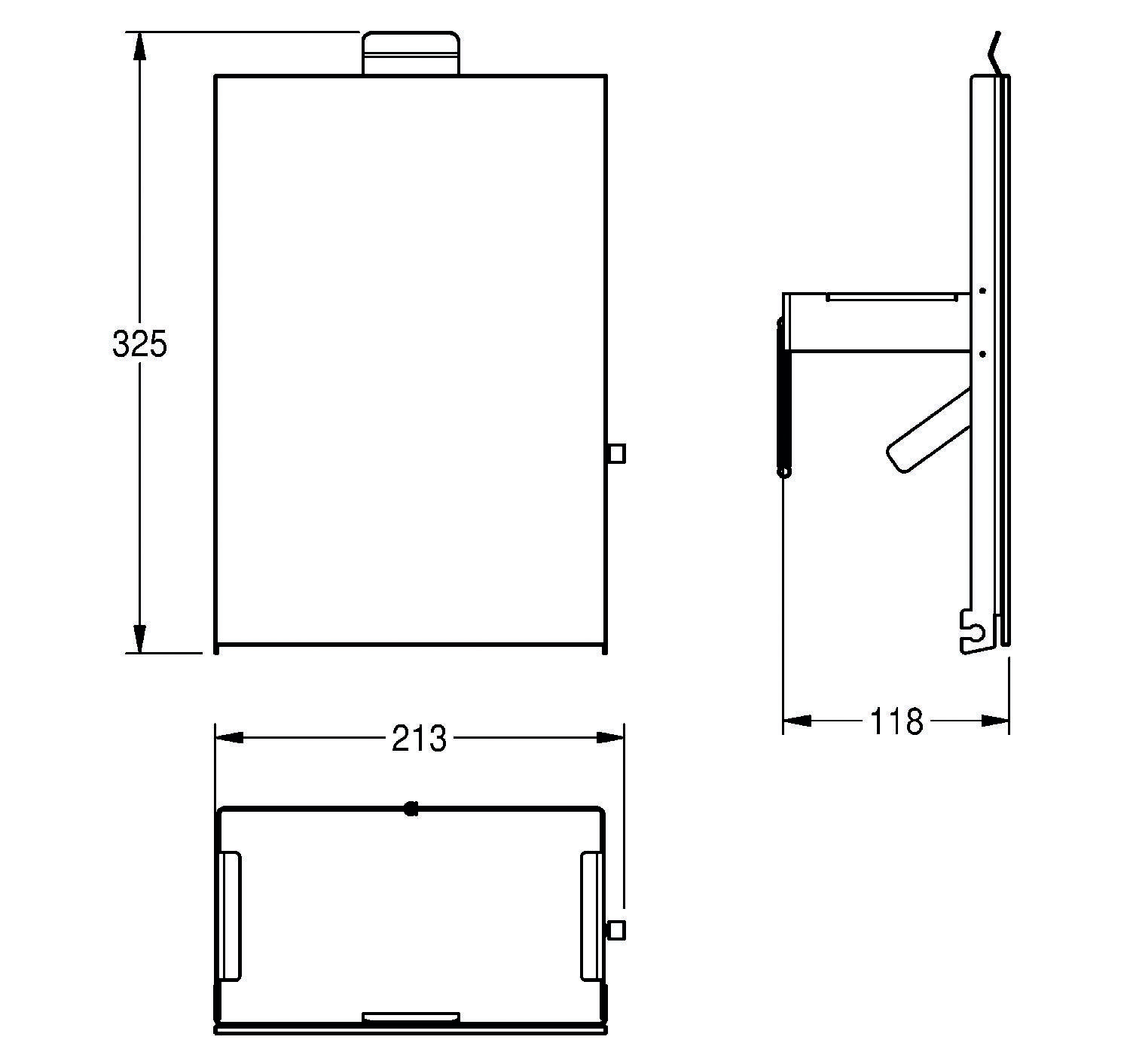 Diagramm mit Vorder-, Seiten- und Unteransicht eines rechteckigen Geräts. Abmessungen: Höhe 325 mm, Breite 213 mm, Tiefe 118 mm.
