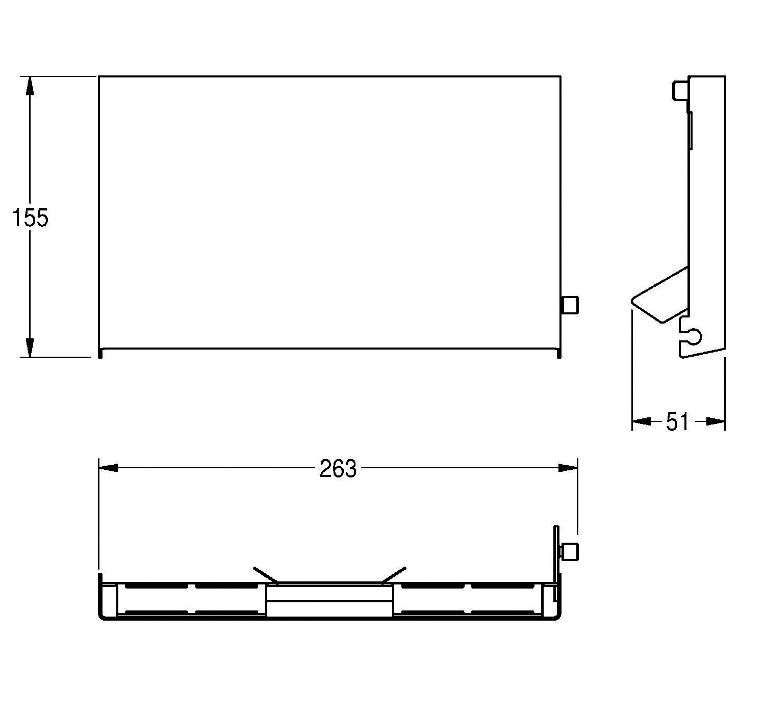 Diagramm mit Abmessungen einer rechteckigen Komponente: 55 mm Höhe, 263 mm Breite und einer Seitenansichtsmessung von 51 mm.