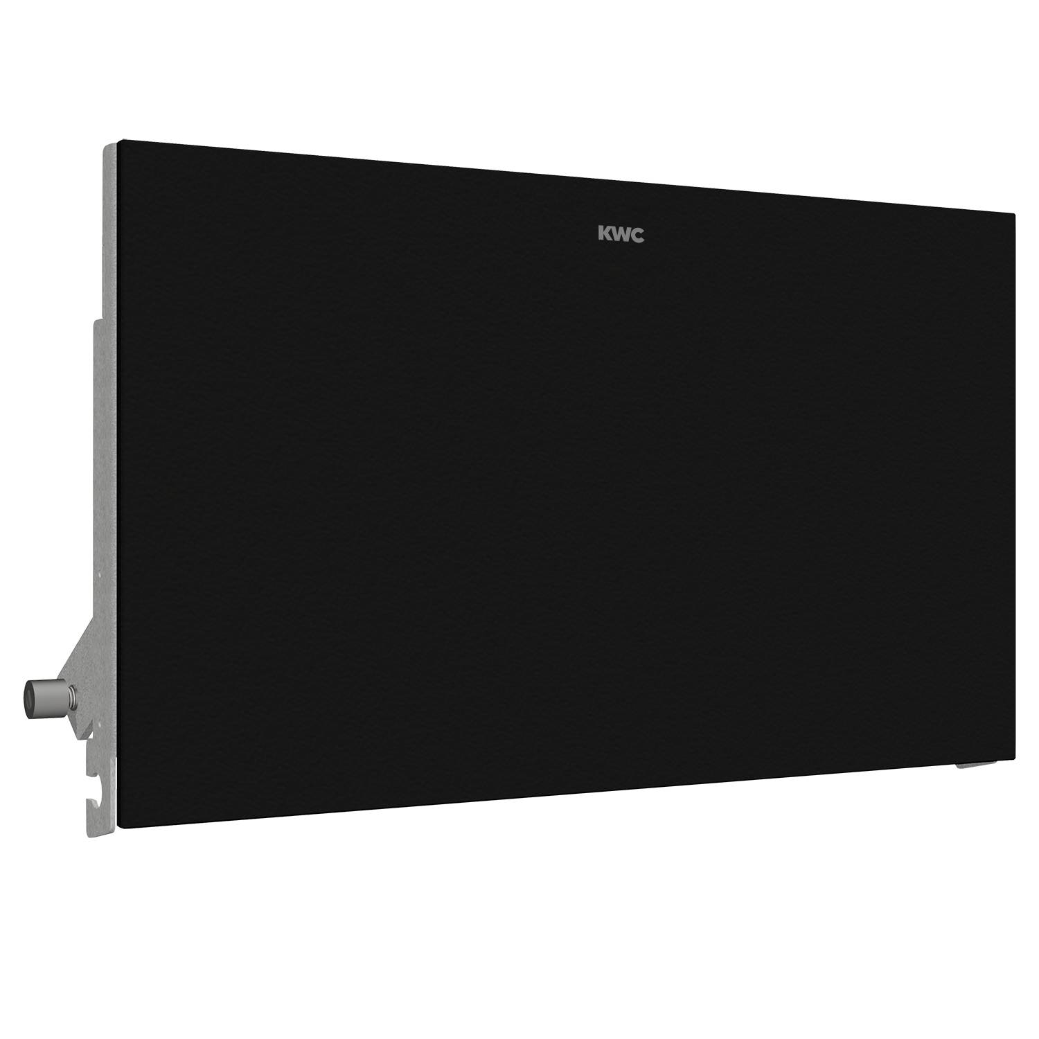 Ein matter schwarzer rechteckiger Lautsprecher mit dem Logo 'KWC' auf der Vorderseite, konzipiert für Wandmontage und Integration in moderne Heimaudio-Systeme.