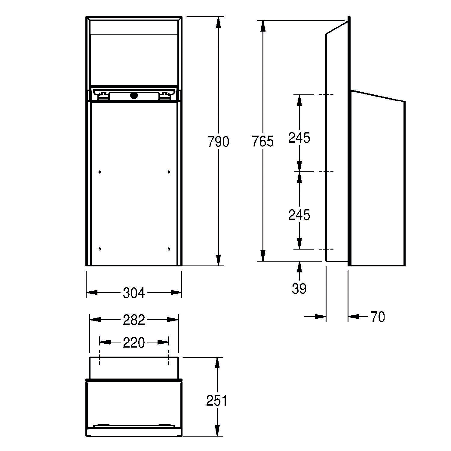 Technische Zeichnung eines rechteckigen Bauteils mit markierten Abmessungen: Höhe 790 mm, mehrere Abschnitte von 765 mm, 245 mm und 39 mm; Breite 304 mm, Tiefe 251 mm.