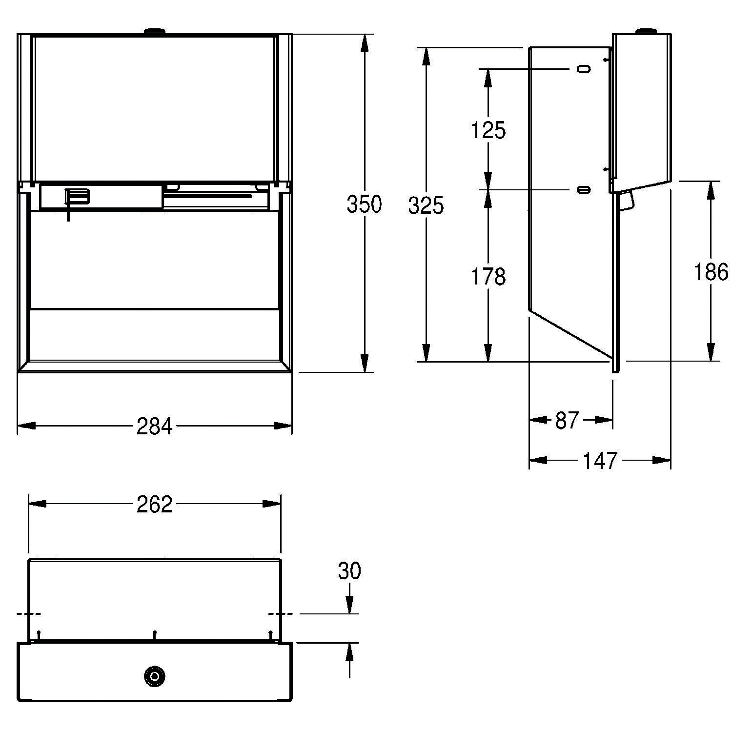 Technische Zeichnung eines Schranks mit Vorder-, Seiten- und Draufsicht mit Abmessungen: 350 mm Höhe, 284 mm Breite, 186 mm Tiefe.