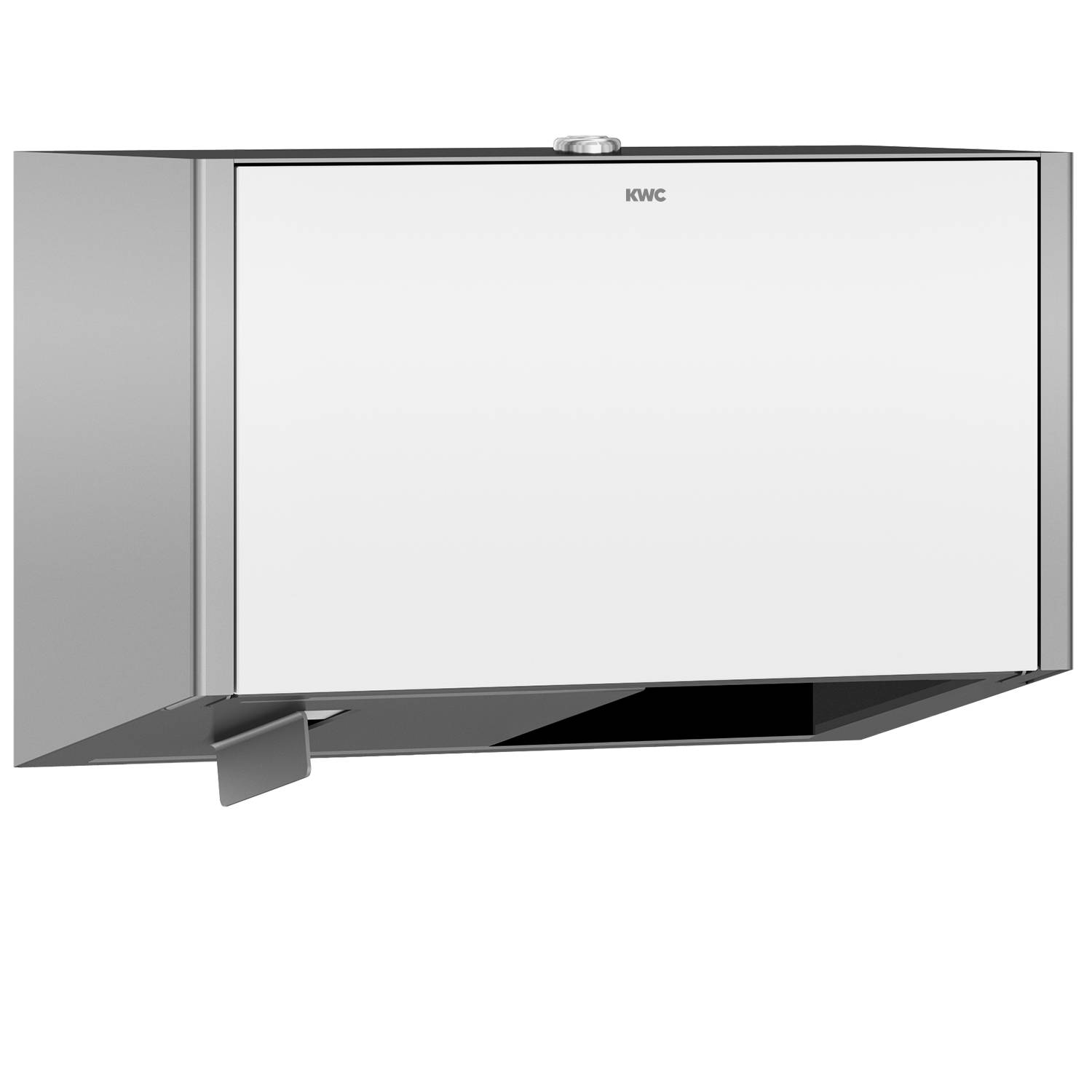 Ein schlankes, rechteckiges KWC Edelstahl-Küchengerät mit einer flachen Frontplatte und einem kleinen Griff unten, wahrscheinlich ein Backofen oder eine Mikrowelle.