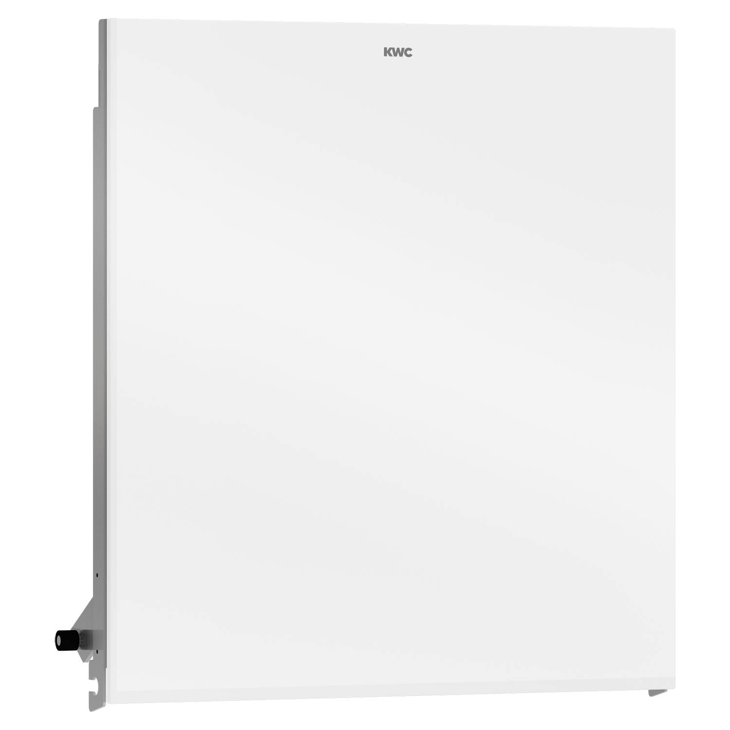 Weißer Durchlauferhitzer mit minimalistischem Design, an der Oberseite mit 'KWC' beschriftet, vor einem schwarzen Hintergrund.