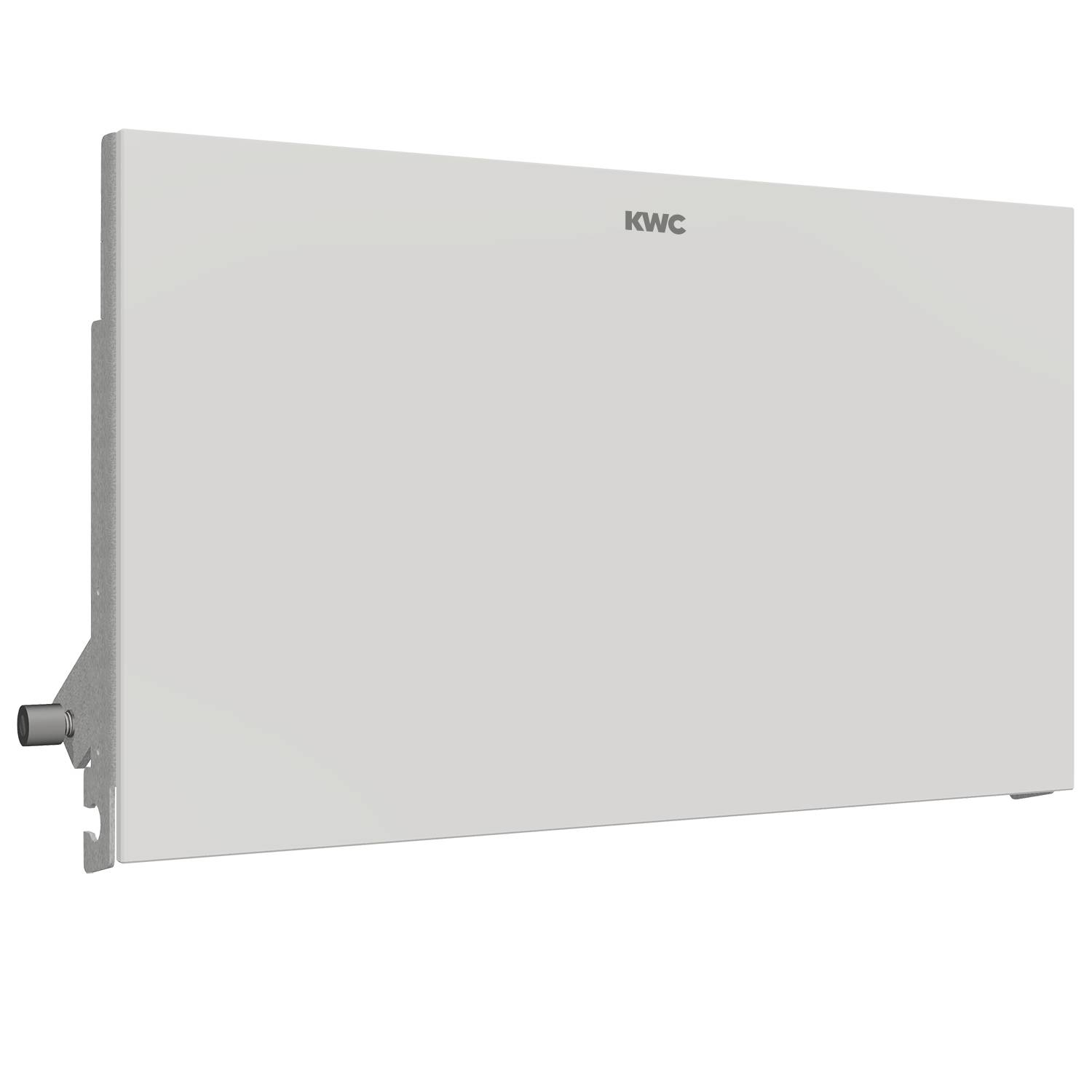 Ein rechteckiges weißes elektronisches Panel mit dem 'KWC'-Logo in der Mitte auf schwarzem Hintergrund, das einen kleinen seitlichen Ausguss aufweist.