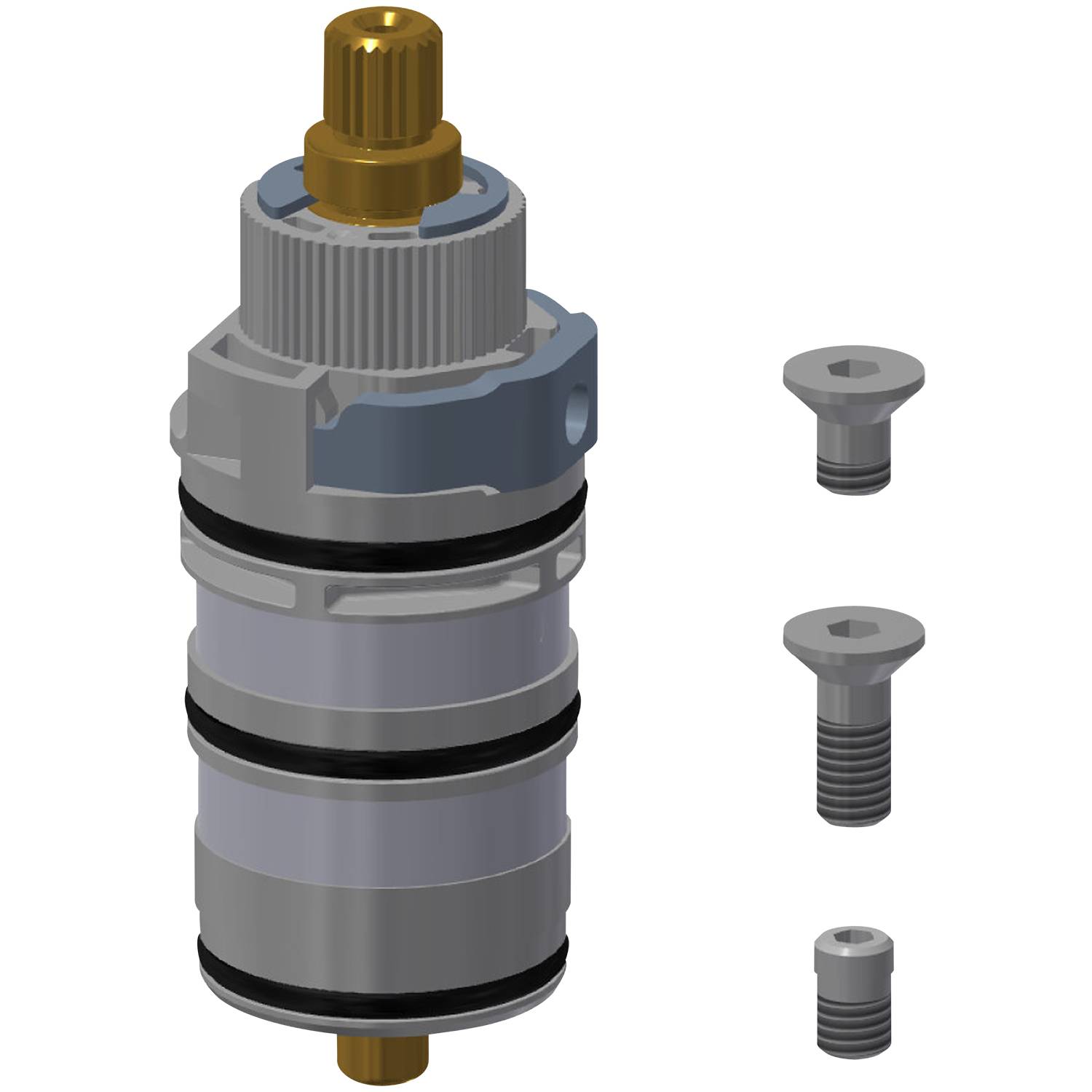 Ein computergeneriertes Bild einer mechanischen Ventilbaugruppe mit zylindrischer Form, mit einer goldfarben Komponente an der Oberseite und mehreren O-Ringen, dargestellt neben zwei Schrauben.