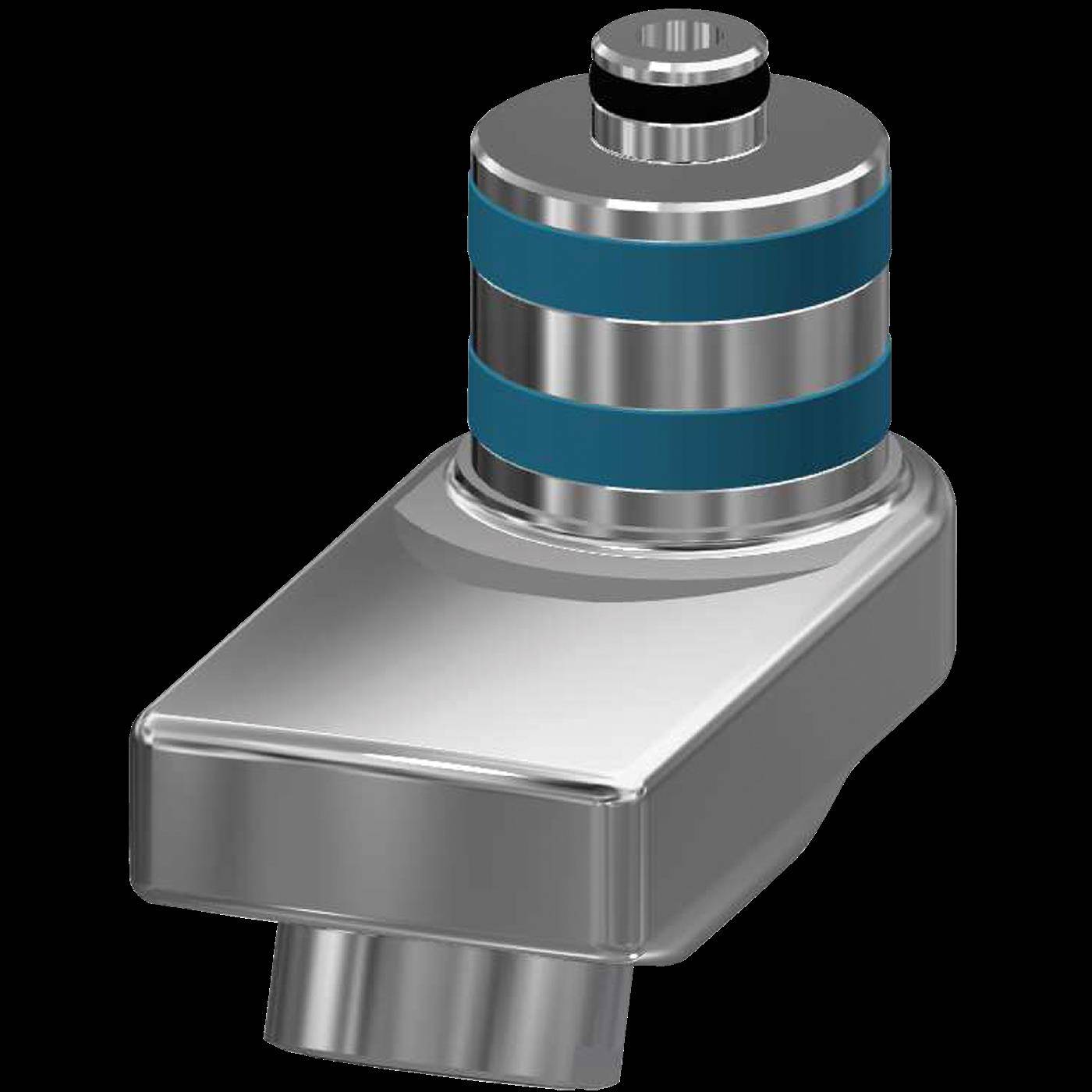 3D-Metallmechanikteil mit einem zylindrischen, blaugebänderten oberen Teil, der auf einem rechteckigen Gehäuse montiert ist, auf schwarzem Hintergrund dargestellt.