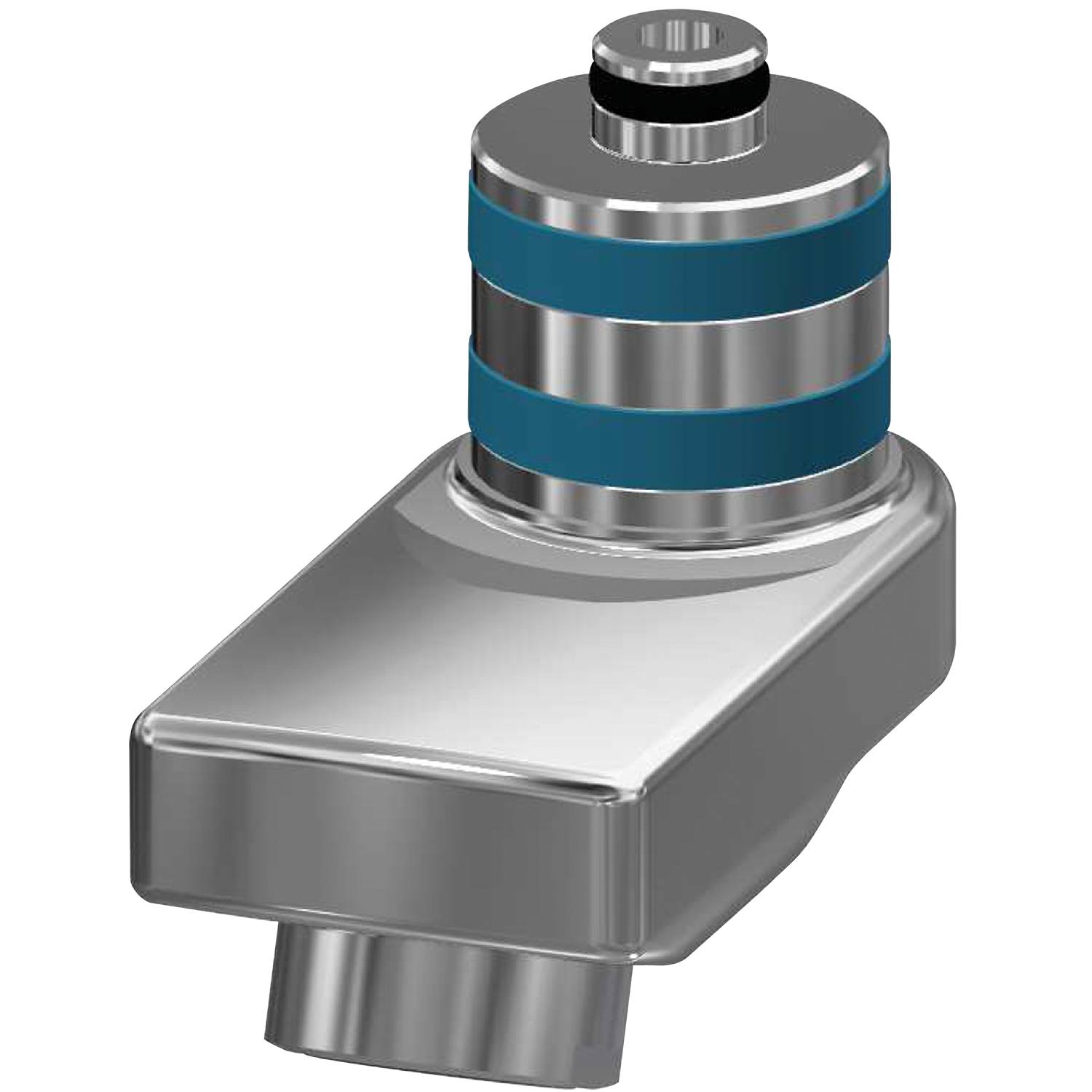 Silberner elektronischer Bauteil mit blauen Bändern, der einer Ansammlung metallischer Scheiben auf einer Basis ähnelt, vor einem schwarzen Hintergrund.
