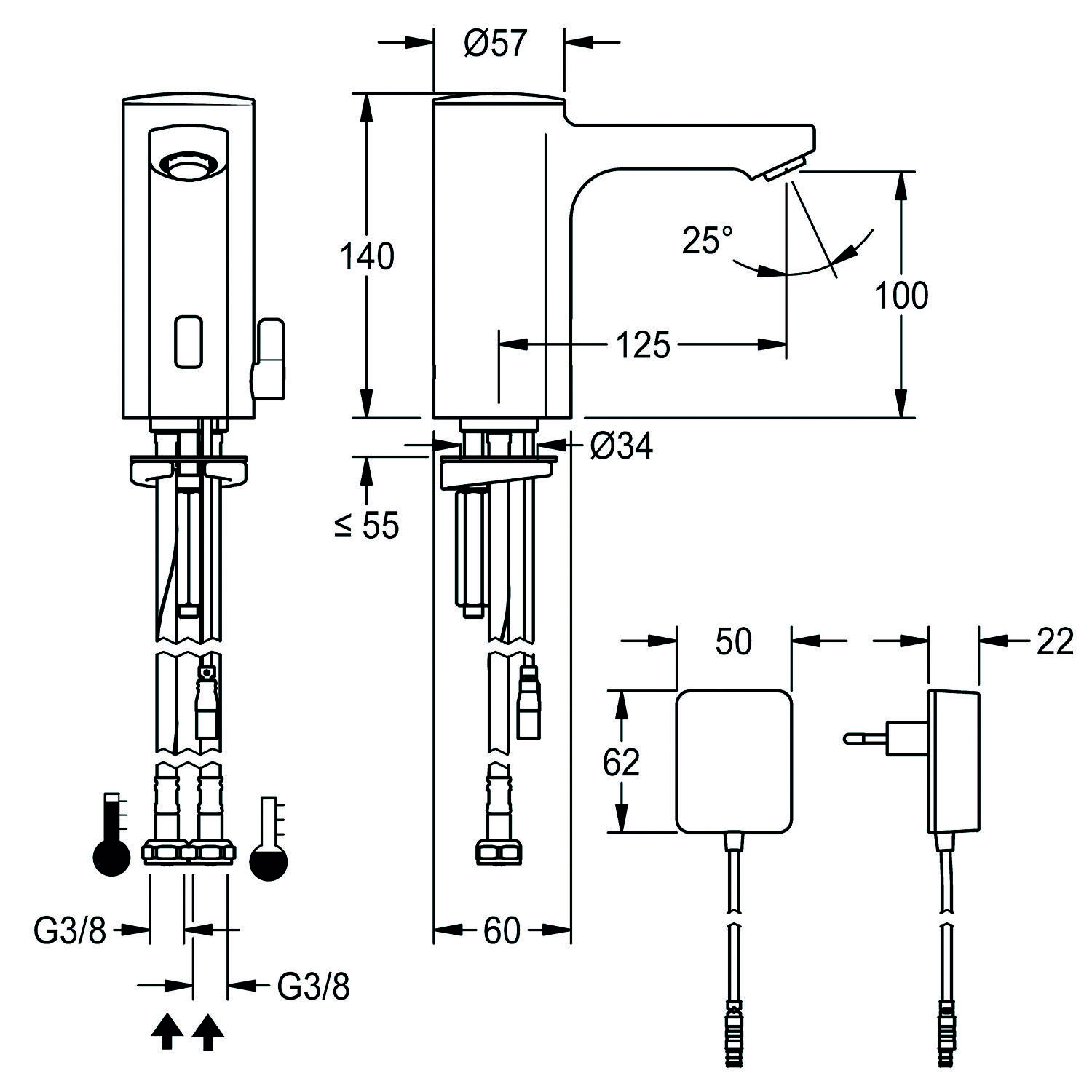 Technische Zeichnung eines Wasserhahns mit Abmessungen: Höhe 140 mm, Auslaufhöhe 100 mm, Durchmesser Ø34 mm. Enthält Installationsdetails und Komponentenabmessungen.