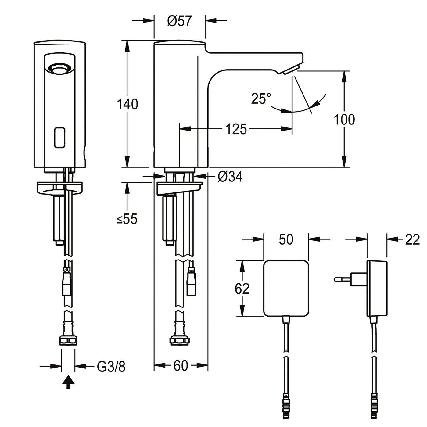 KWC Standventil, F5, Elek, O. Mischung, 5l, Steckernetzteil 230 VAC