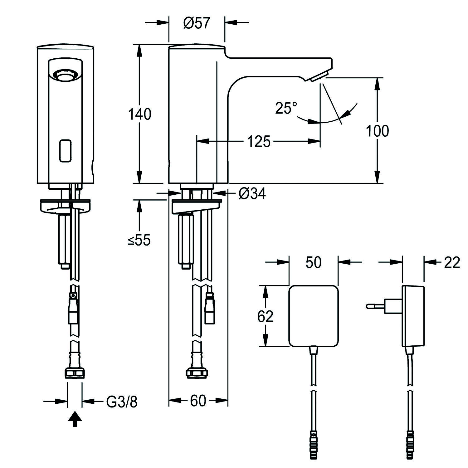 Diagramm eines Wasserhahns mit Abmessungen; Höhe 140 mm, Auslaufweite 125 mm, Auslaufhöhe 100 mm und Basisdurchmesser 34 mm; enthält Anschlussgröße.