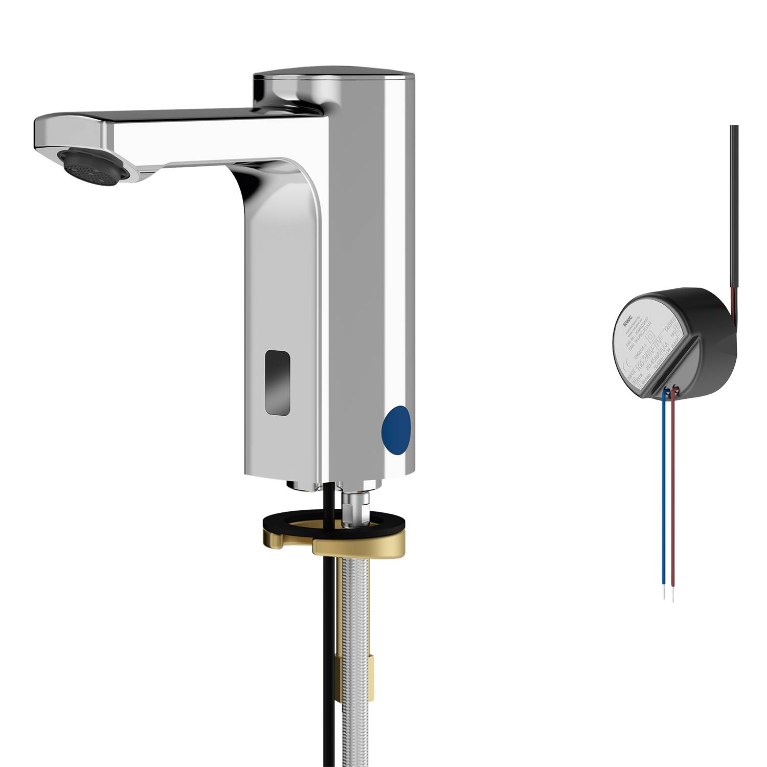 Automatischer Wasserhahn mit Sensor neben einer Ventilsteuerungsbox.