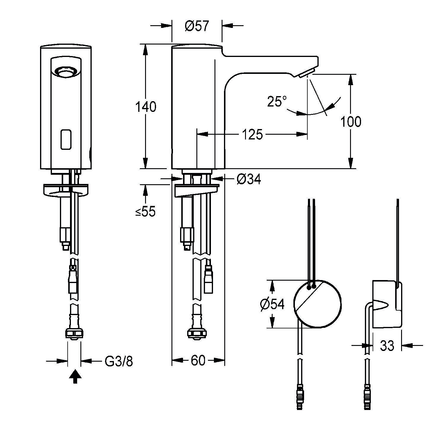 Technische Zeichnung eines Wasserhahns mit Maßen: Höhe 140 mm, Auslauflänge 125 mm, Auslaufhöhe 100 mm, Basis Ø34 mm, Oberkante Ø57 mm.