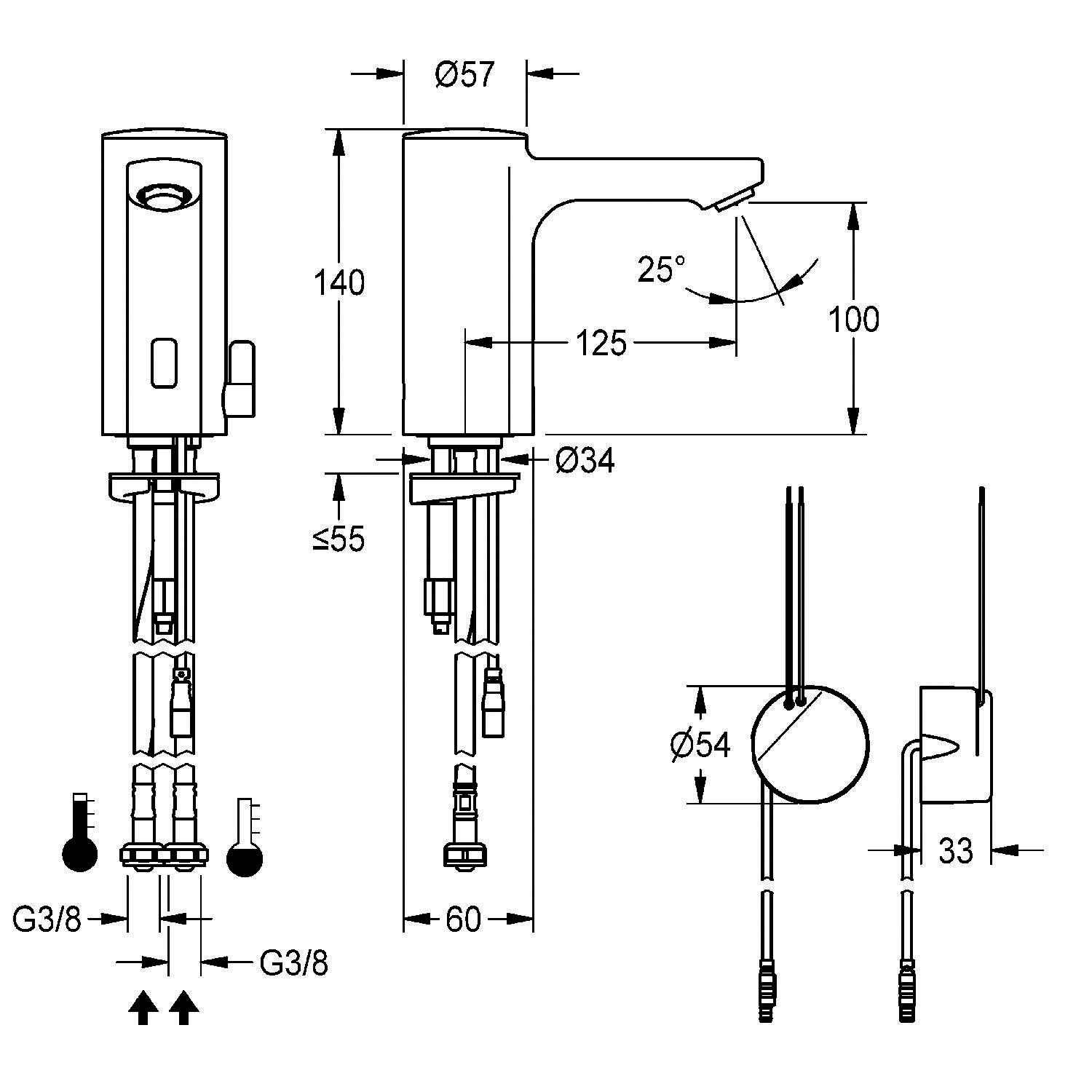 Diagramm eines Wasserhahns mit Maßangaben: Höhe 140 mm, Tiefe 125 mm, Durchmesser 34 mm. Einlassrohranschlüsse und Innenteile dargestellt.
