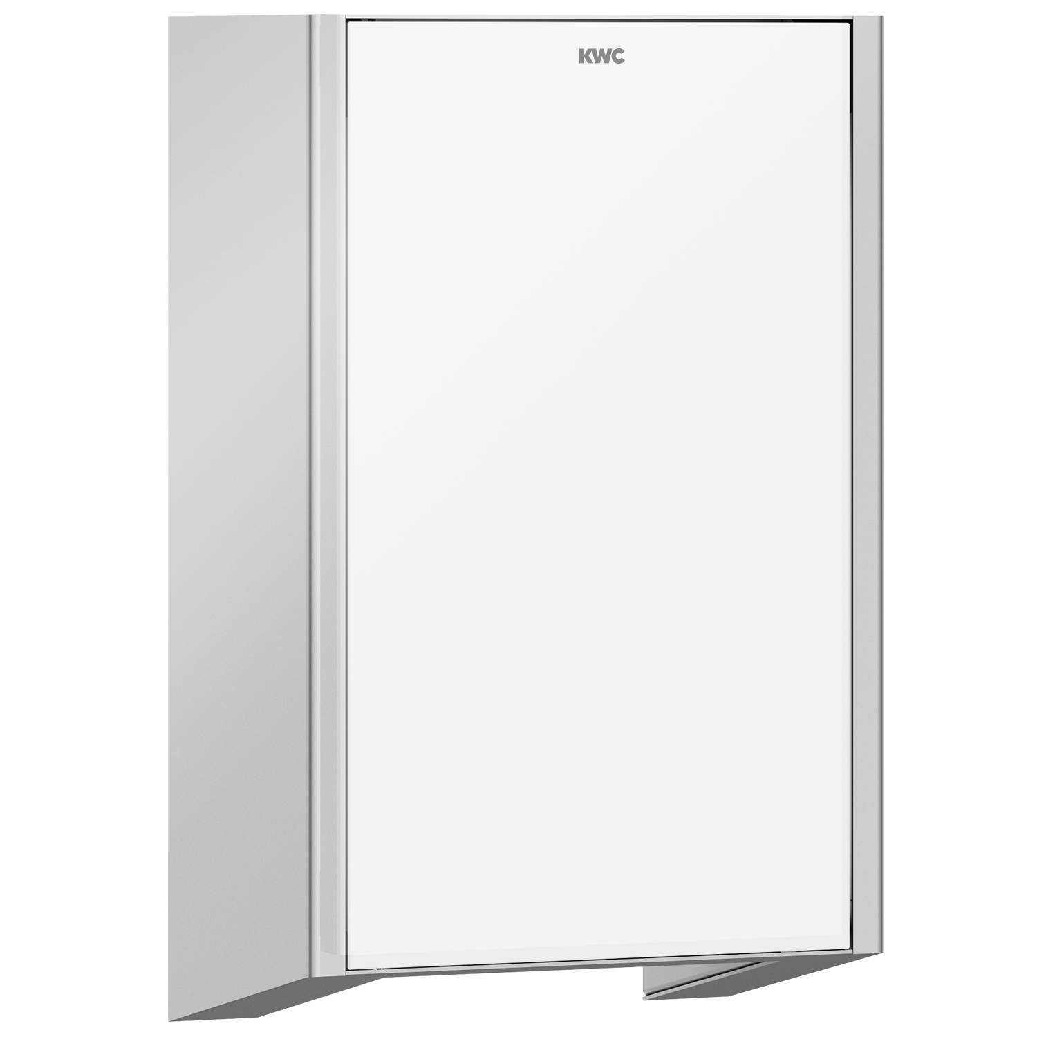 Ein schlanker, silberner, rechteckiger KWC-Wandschrank mit minimalistischem Design vor einem schwarzen Hintergrund.