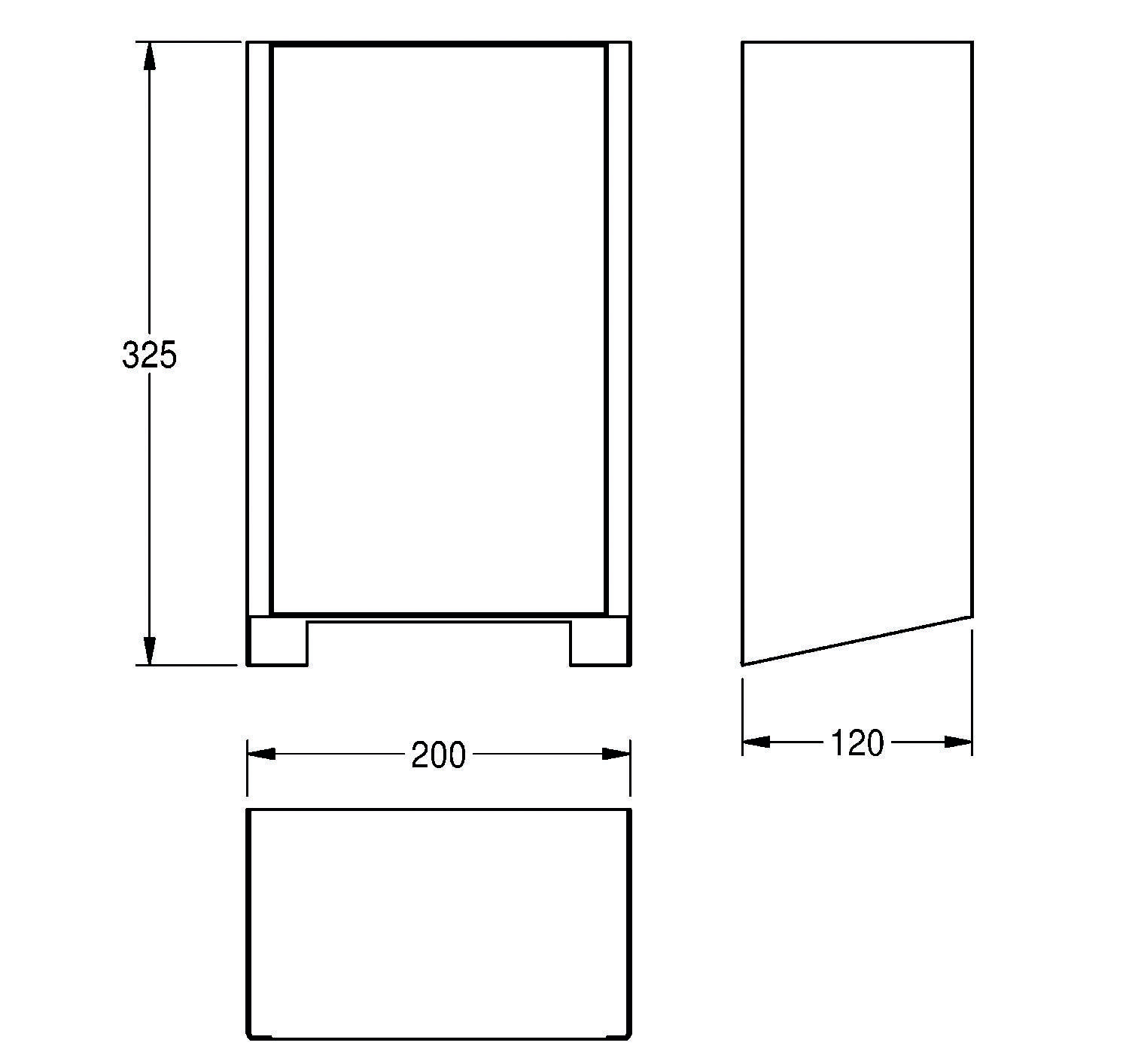 Eine technische Zeichnung einer rechteckigen Box mit folgenden Abmessungen: 325 hoch, 200 breit und 120 tief. Vorder-, Seiten- und Draufsicht dargestellt.