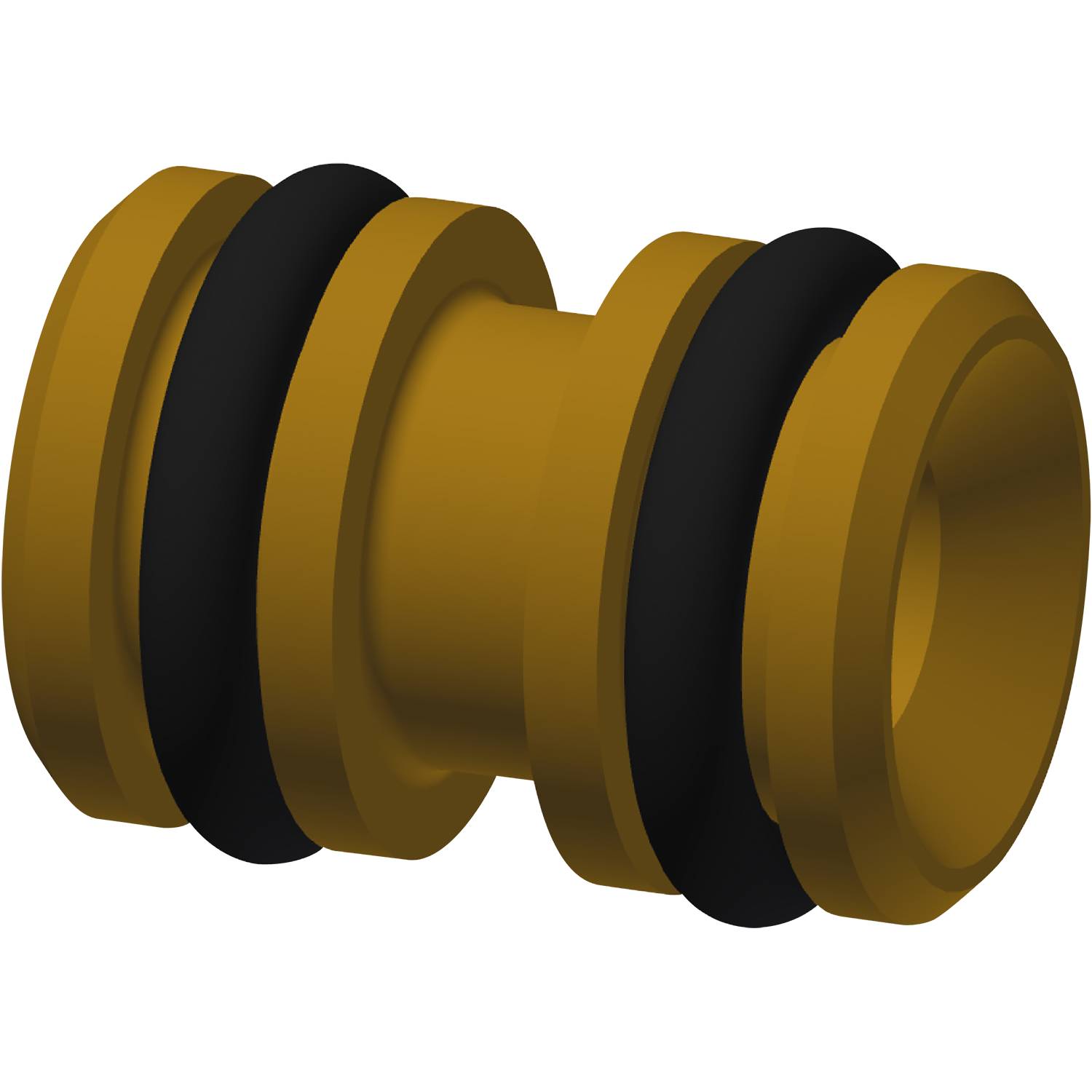 Eine kleine, 3D-gerenderte goldene und schwarze Hantel vor einem einfarbigen Hintergrund.
