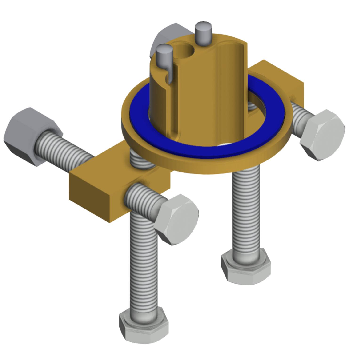 Ein 3D-Modell einer mechanischen Baugruppe mit Schrauben und einer zylindrischen Komponente, versehen mit einem blauen Reifen zur Ausrichtung oder Abstützung.