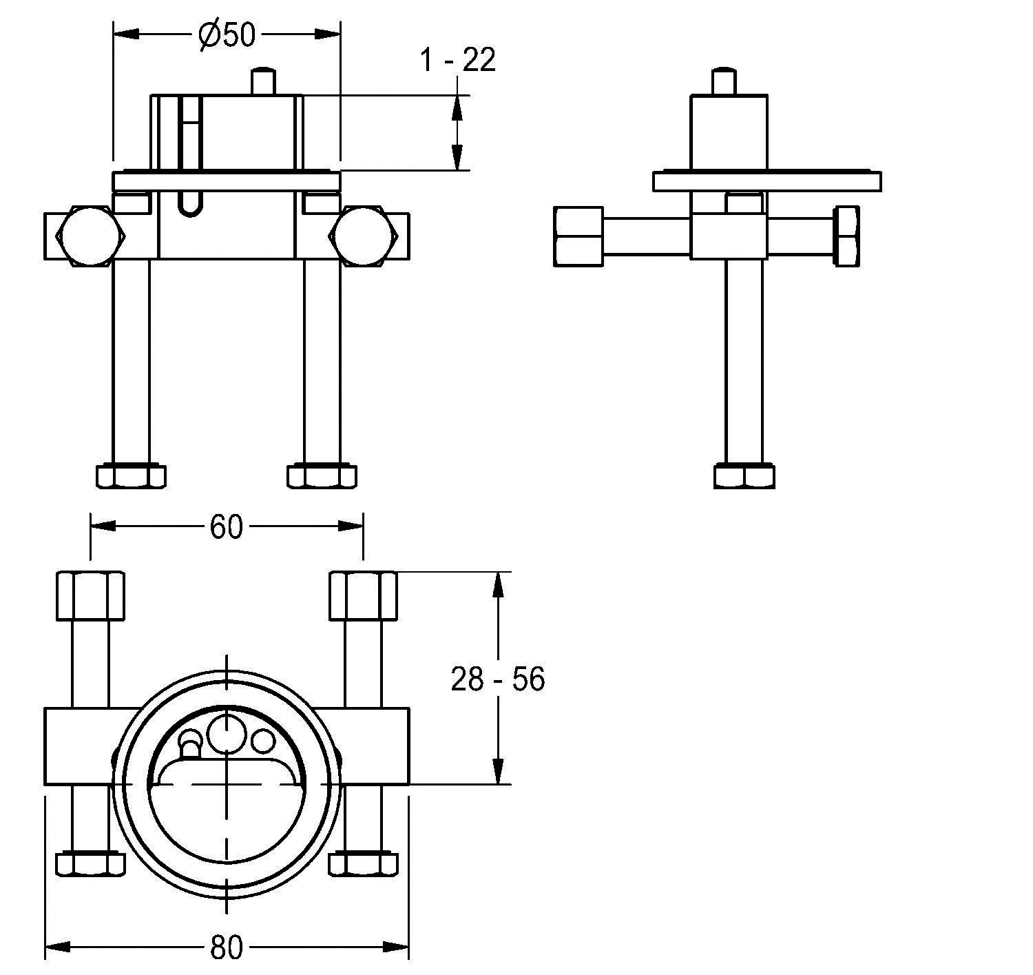 Technische Zeichnung eines mechanischen Bauteils mit Seiten- und Draufsicht. Maße: 1-22, 28-56, Ø50, 60, 80. Merkmale umfassen zwei vertikale Stäbe.