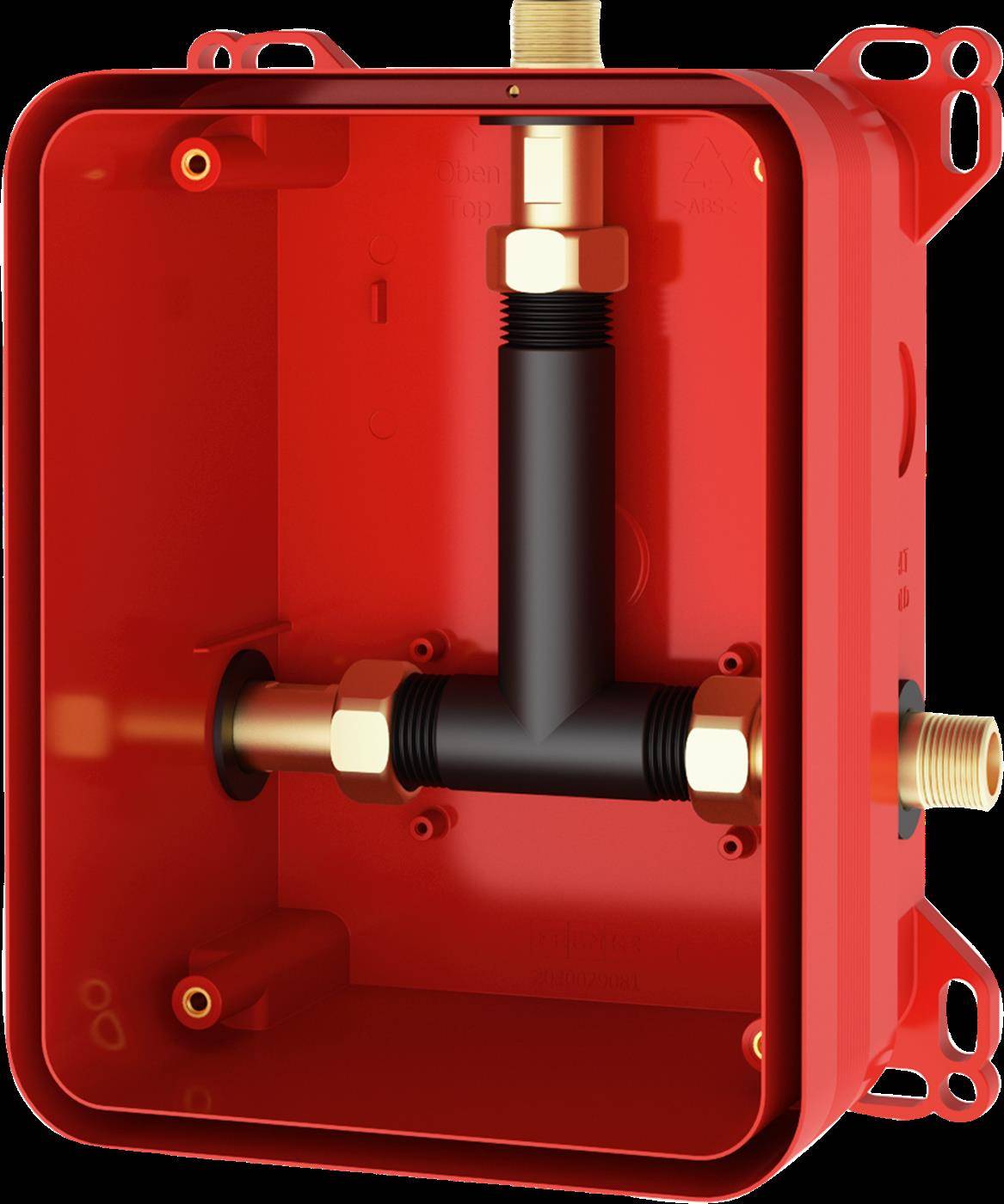 Rote elektrische Verteilerdose mit T-förmigem schwarzem Rohrfitting und Messingverbindern im Inneren montiert.