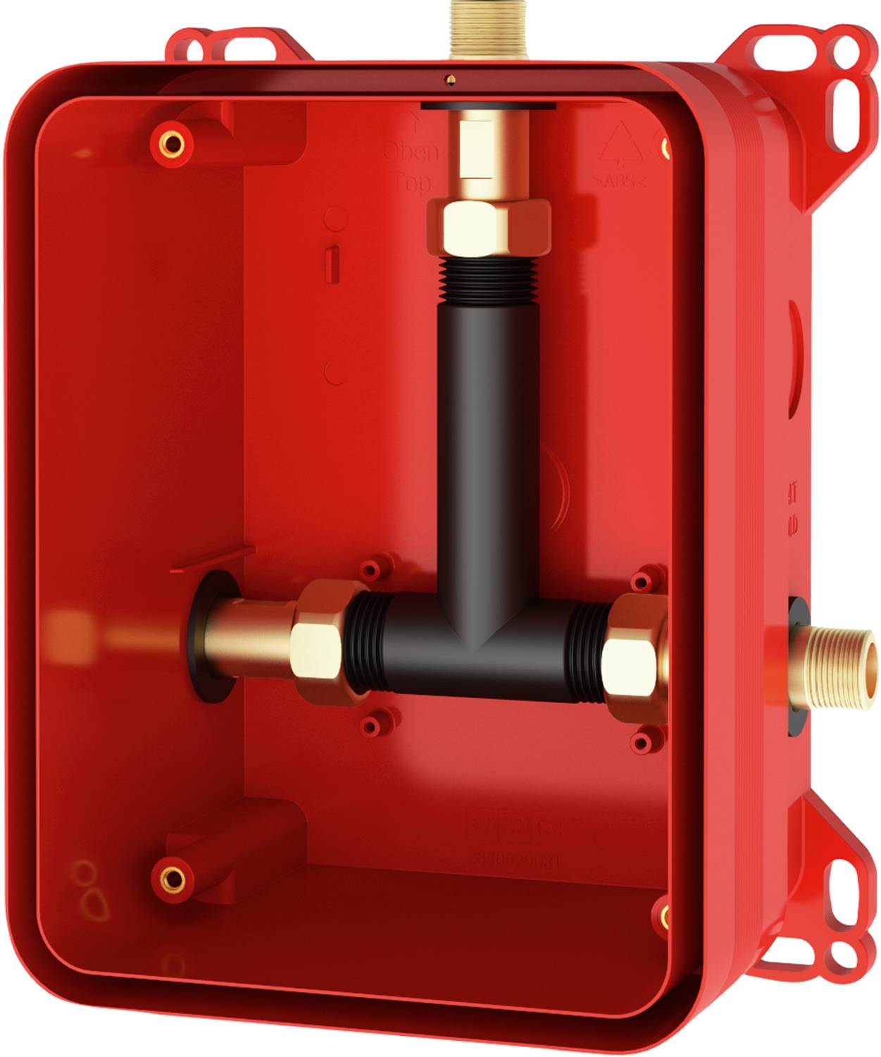 Rote elektrische Verteilerdose mit einem schwarzen T-förmigen Konduitanschluss und Messingbeschlägen im Inneren, bereit für die Kabelinstallation.