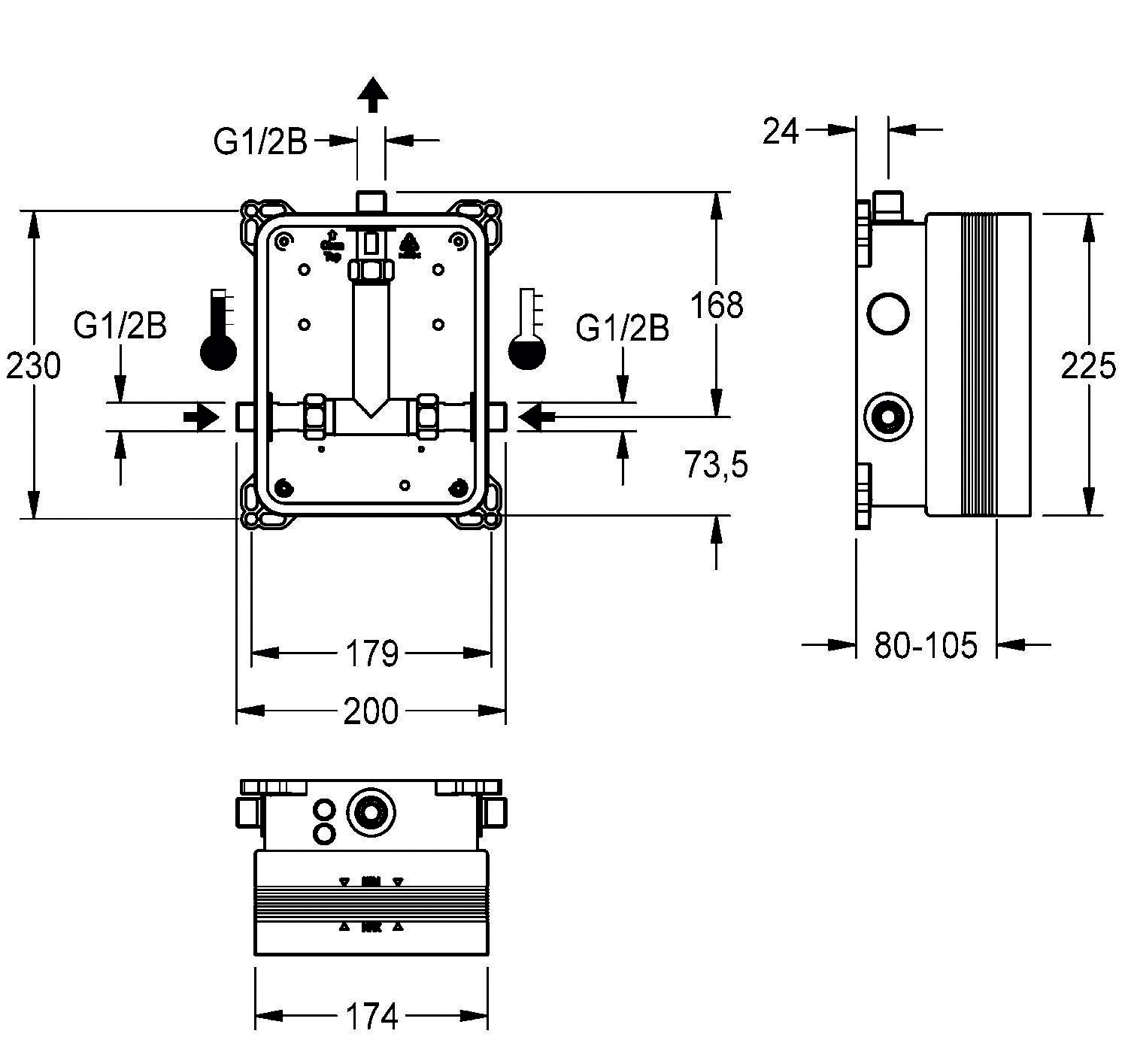 Technische Zeichnung mit Abmessungen einer mechanischen Komponente. Hauptteil ist 200 mm breit, 179 mm hoch; enthält G1/2B-Anschlüsse.