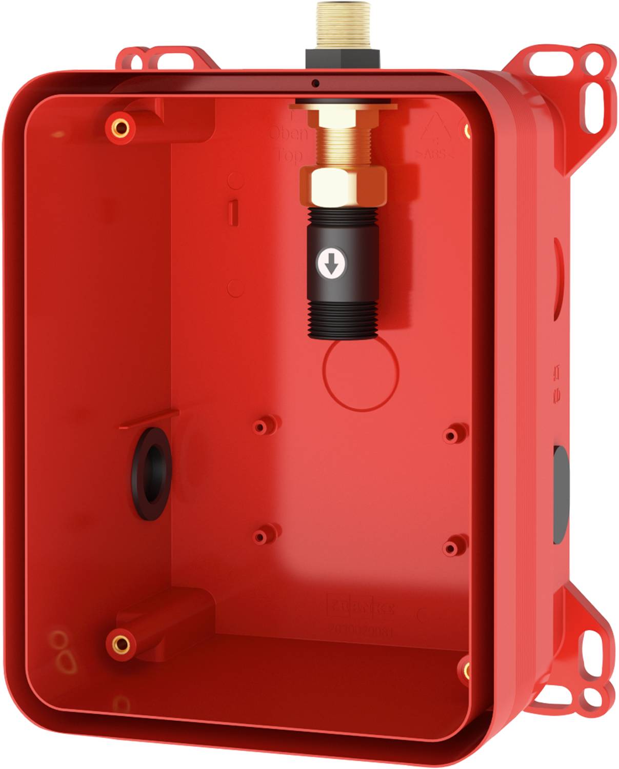 Roter elektrischer Verteilerkasten mit internen Komponenten; ein schwarzer zylindrischer Anschluss mit einem nach unten zeigenden Pfeil hängt von oben.