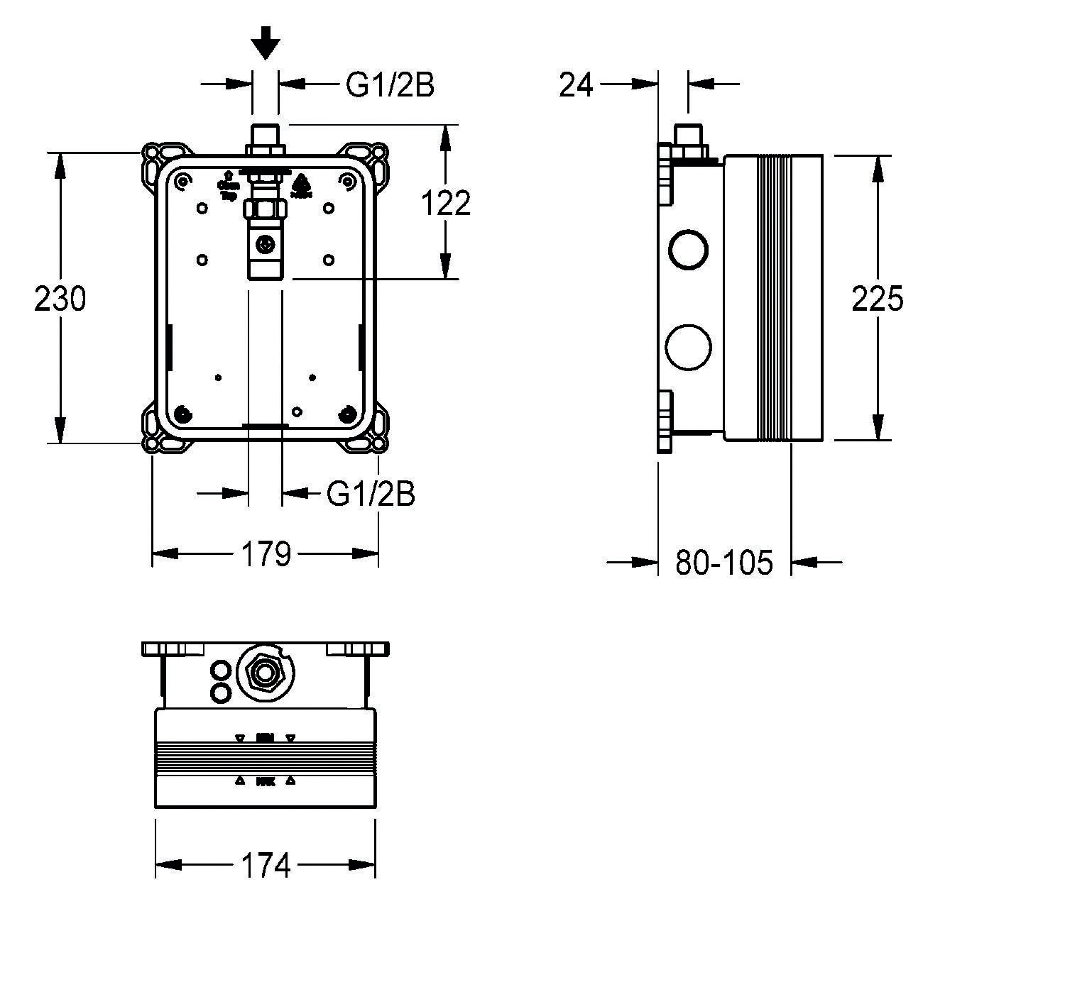 Technische Zeichnung eines Gehäuses mit Maßangaben: 230x179 mm Frontansicht, 225x80-105 mm Seitenansicht. G1/2B-Anschluss gekennzeichnet.