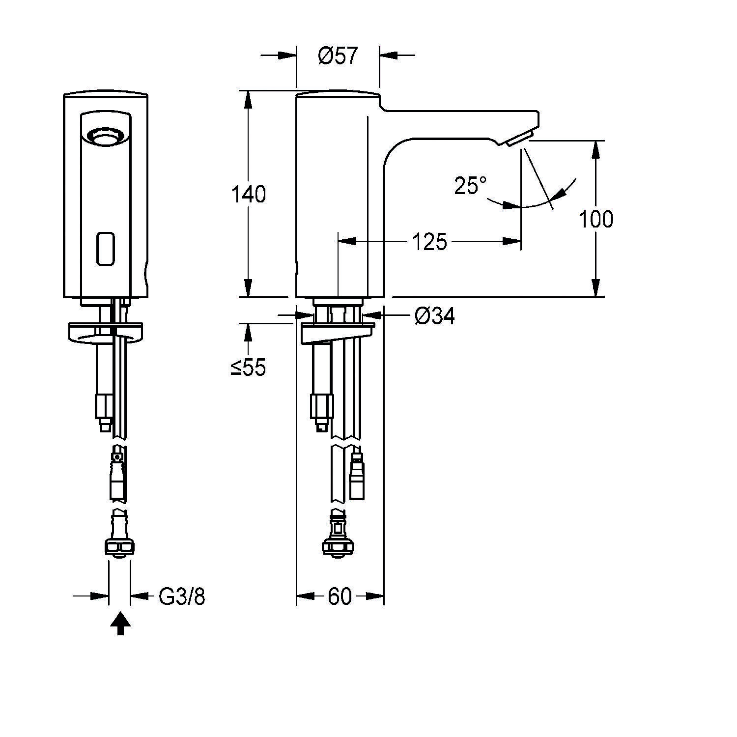 Technische Zeichnung eines Wasserhahns mit Maßen: Höhe 140 mm, Auslauflänge 125 mm, Auslaufhöhe 100 mm, Basisdurchmesser 34 mm, Auslaufwinkel 25°.