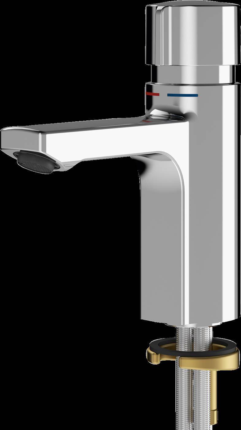 Einhebel-Badezimmerwasserhahn aus Chrom mit zylindrischem Körper und Seitenhebel, vor schwarzem Hintergrund gezeigt.