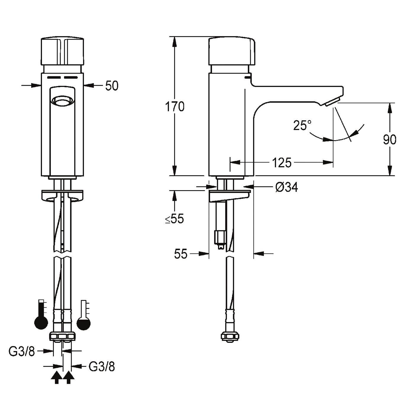 Technische Zeichnung eines Wasserhahns oder Ventils, dargestellt in Front- und Seitenansicht mit Abmessungen einschließlich 170, 125, 90, 55, 50, Ø34, 25° und G3/8-Anschlüssen.
