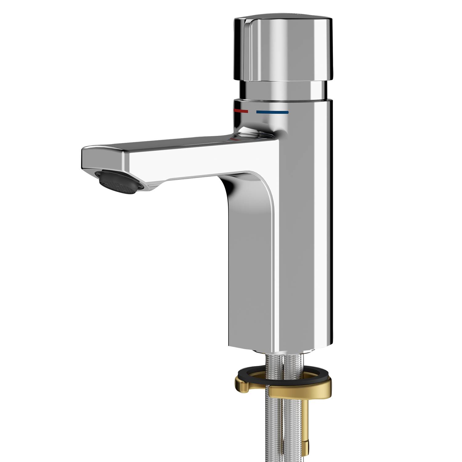 Nahaufnahme eines modernen silbernen Wasserhahns mit zylindrischem Griff und Warm- und Kaltwassermarkierungen.
