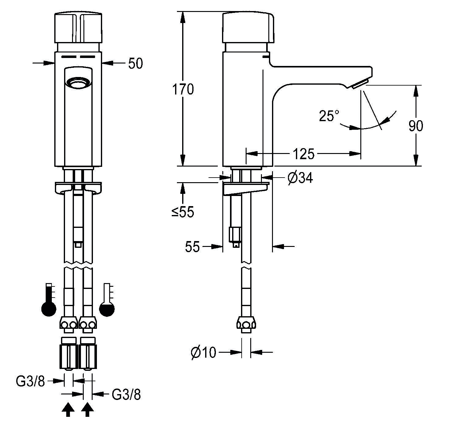 Diagramm eines Wasserhahns, mit Vorder- und Seitenansicht und Maßangaben: Höhe 170mm, Auslauflänge 125mm, Basisdurchmesser 34mm, Anschlüsse G3/8.