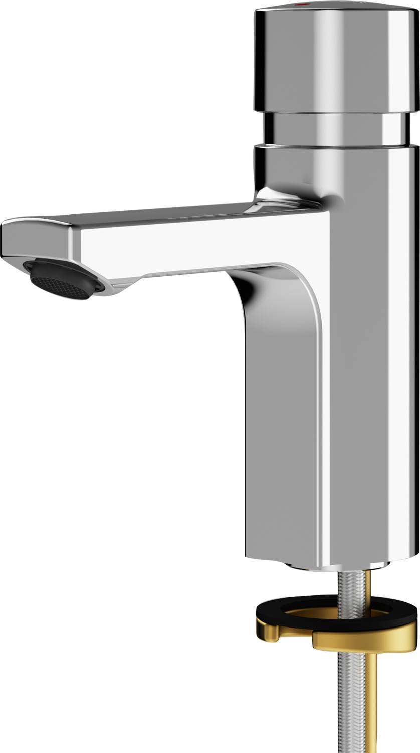 Ein schlanker, moderner Chrom-Wasserhahn mit quadratischer Gestaltung, montiert auf einer flachen Oberfläche.