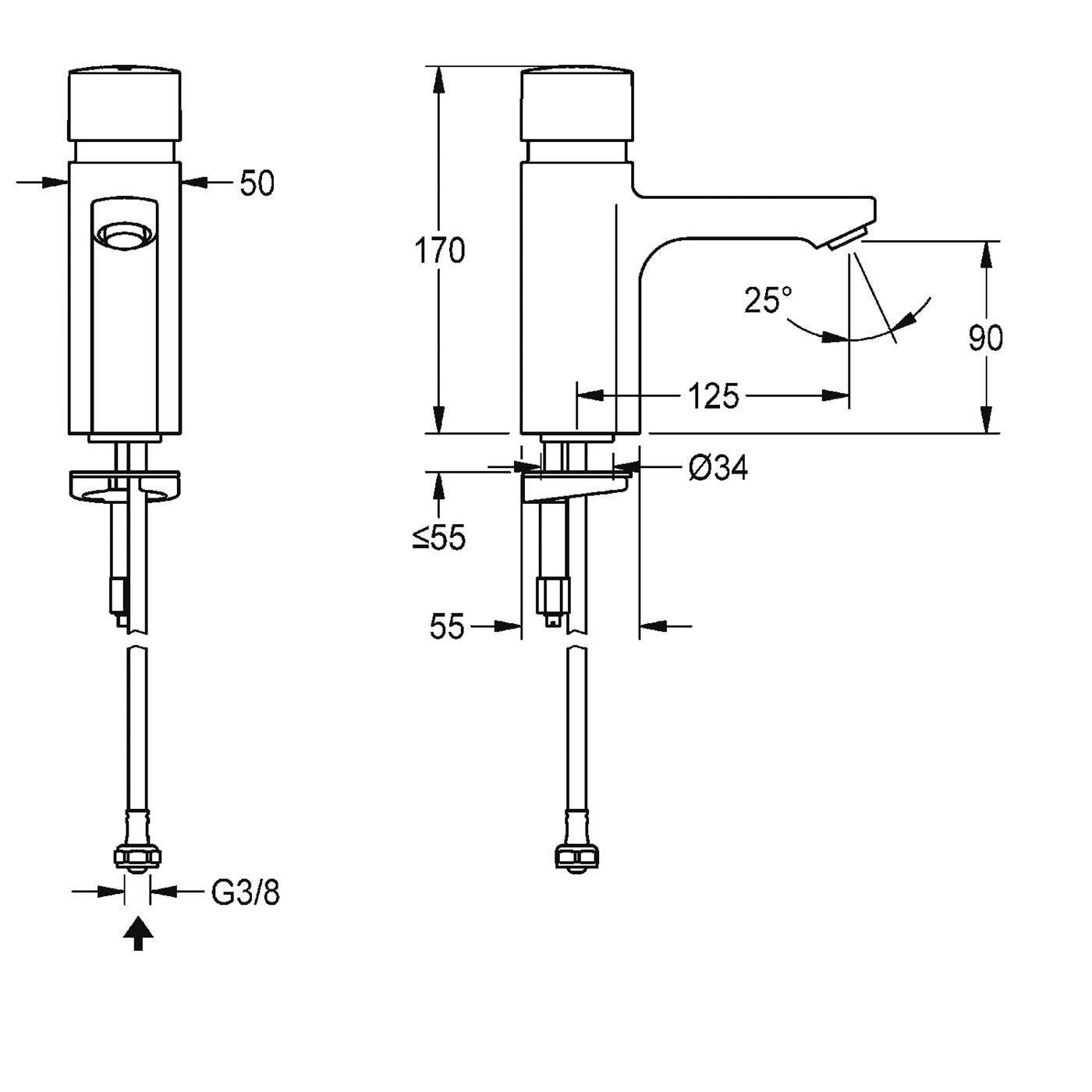 Technische Zeichnung eines Wasserhahns oder Dispensers, die Front- und Seitenansichten mit Abmessungen zeigt, einschließlich Höhe von 170 mm, Auslaufreichweite von 125 mm, Auslasshöhe von 90 mm, Winkel von 25° und G3/8-Anschluss.