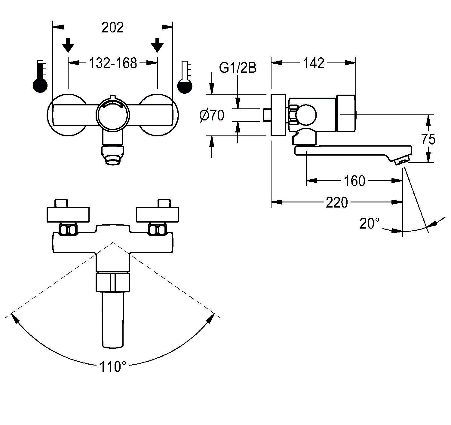 Technische Zeichnung eines Wandarmaturs mit Abmessungen: Breite 202 mm, Höhe 142 mm und Auslegerreichweite 220 mm. Enthält Winkeldetails.