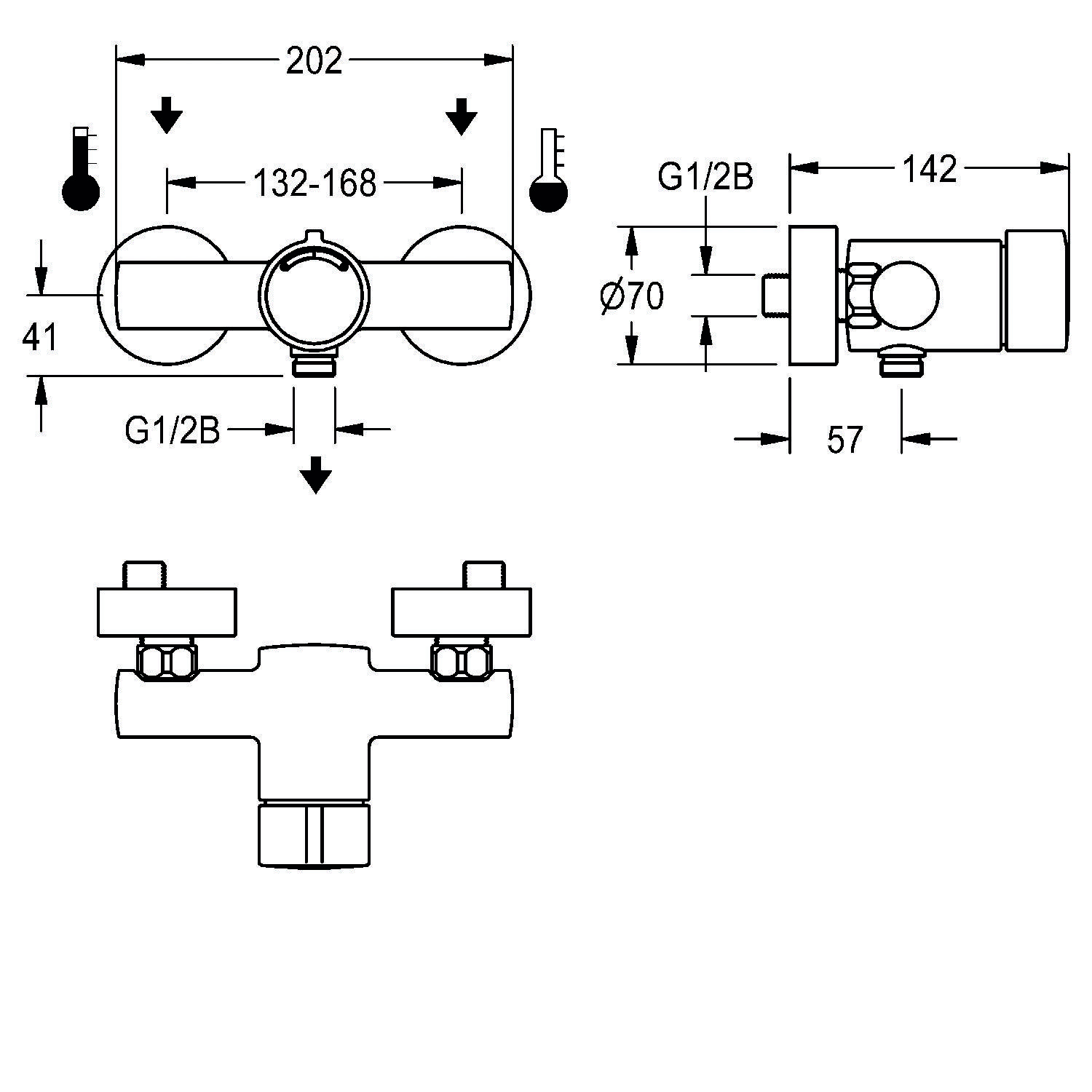 Technische Zeichnung eines Wandarmaturs. Abmessungen umfassen 202 mm Breite, 41 mm Höhe und 70 mm Durchmesser. Einlassgrößen sind G1/2B.