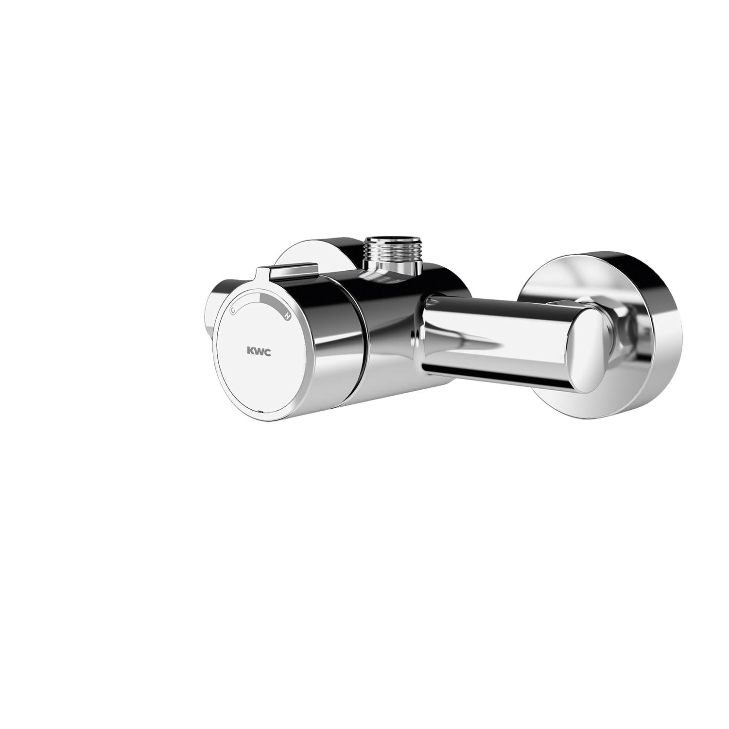 Ein schlankes, modernes Chrom-Duschventil mit einem zylindrischen Griff und minimalistischem Design, vor einem schwarzen Hintergrund.